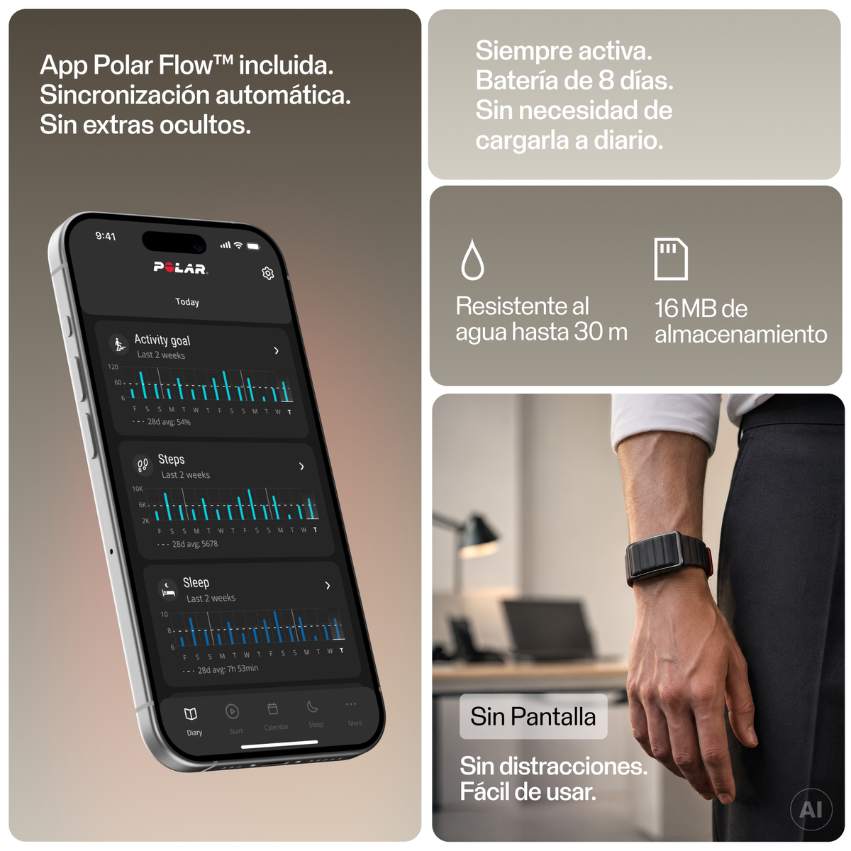 Pantalla de Polar con app, batería, resistencia al agua, memoria y una pulsera de actividad minimalista.