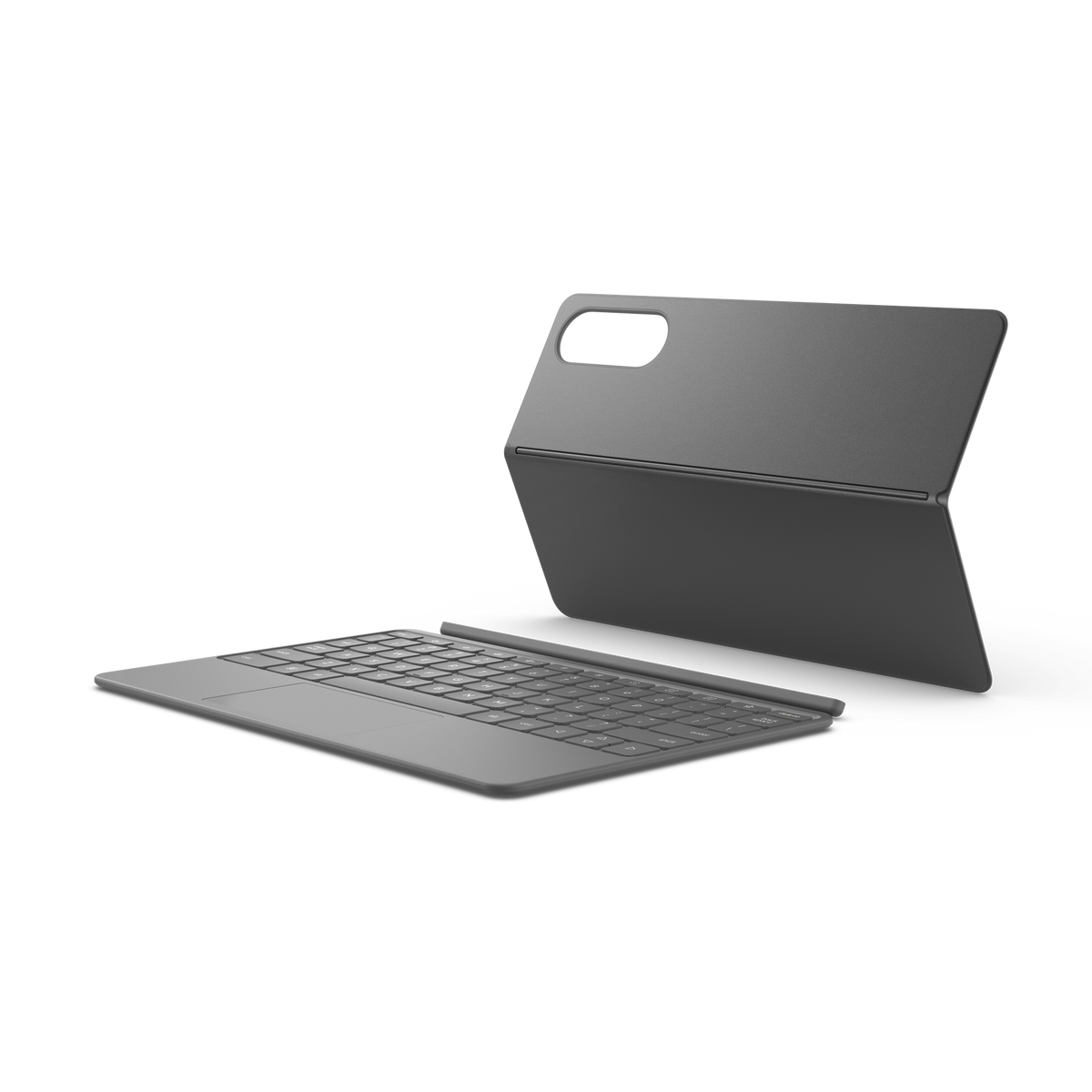 Un teclado de tableta gris oscuro y funda con soporte separados sobre fondo blanco.