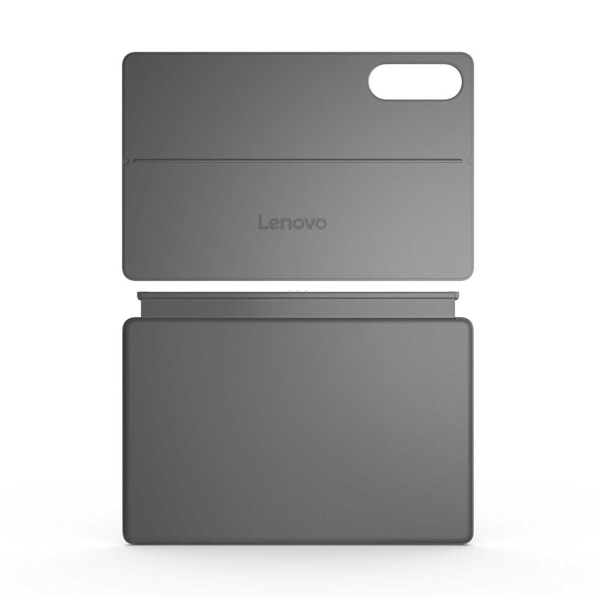 Funda de tableta Lenovo gris abierta, con recorte de cámara y bisagra en un fondo blanco.