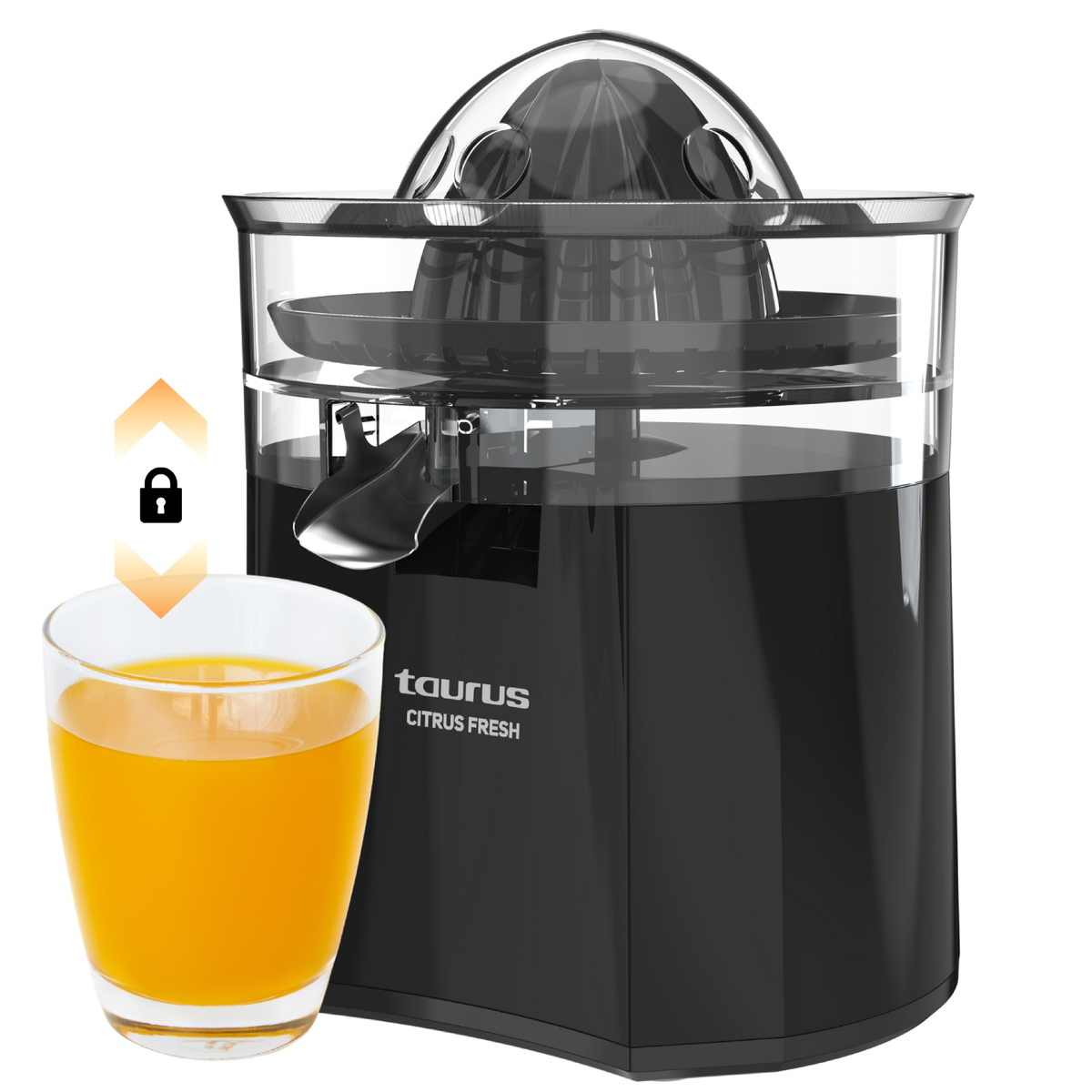Un exprimidor Taurus Citrus Fresh negro junto a un vaso de zumo de naranja con un icono de candado.