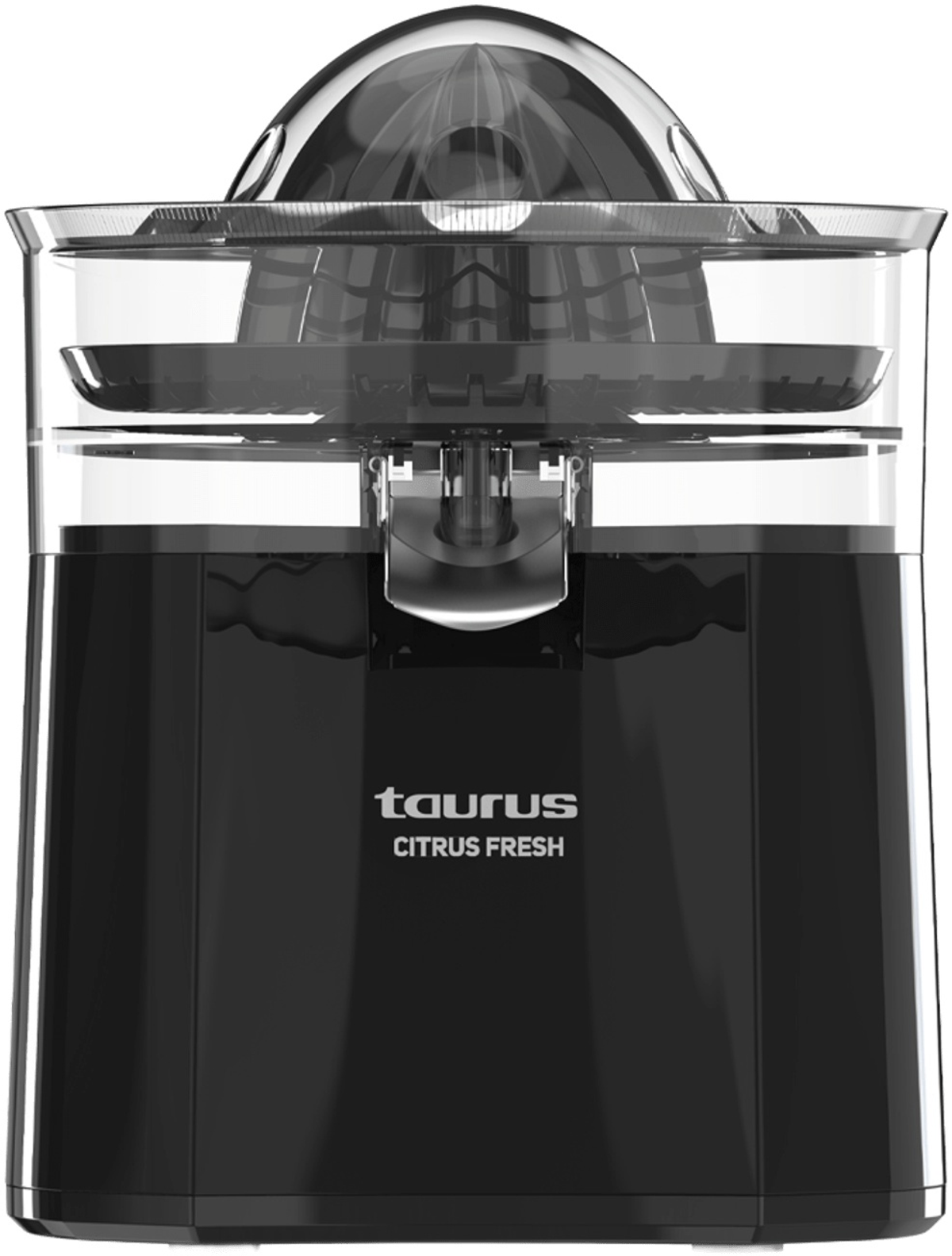 Exprimidor de cítricos Taurus Citrus Fresh negro con tapa transparente.