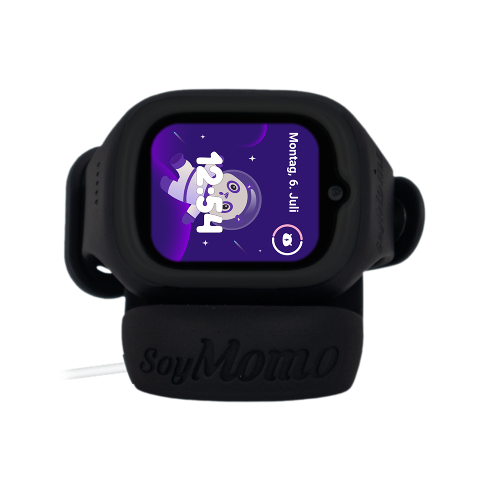 Un reloj inteligente negro para niños con pantalla de astronauta morada en una base de carga, visto desde arriba.