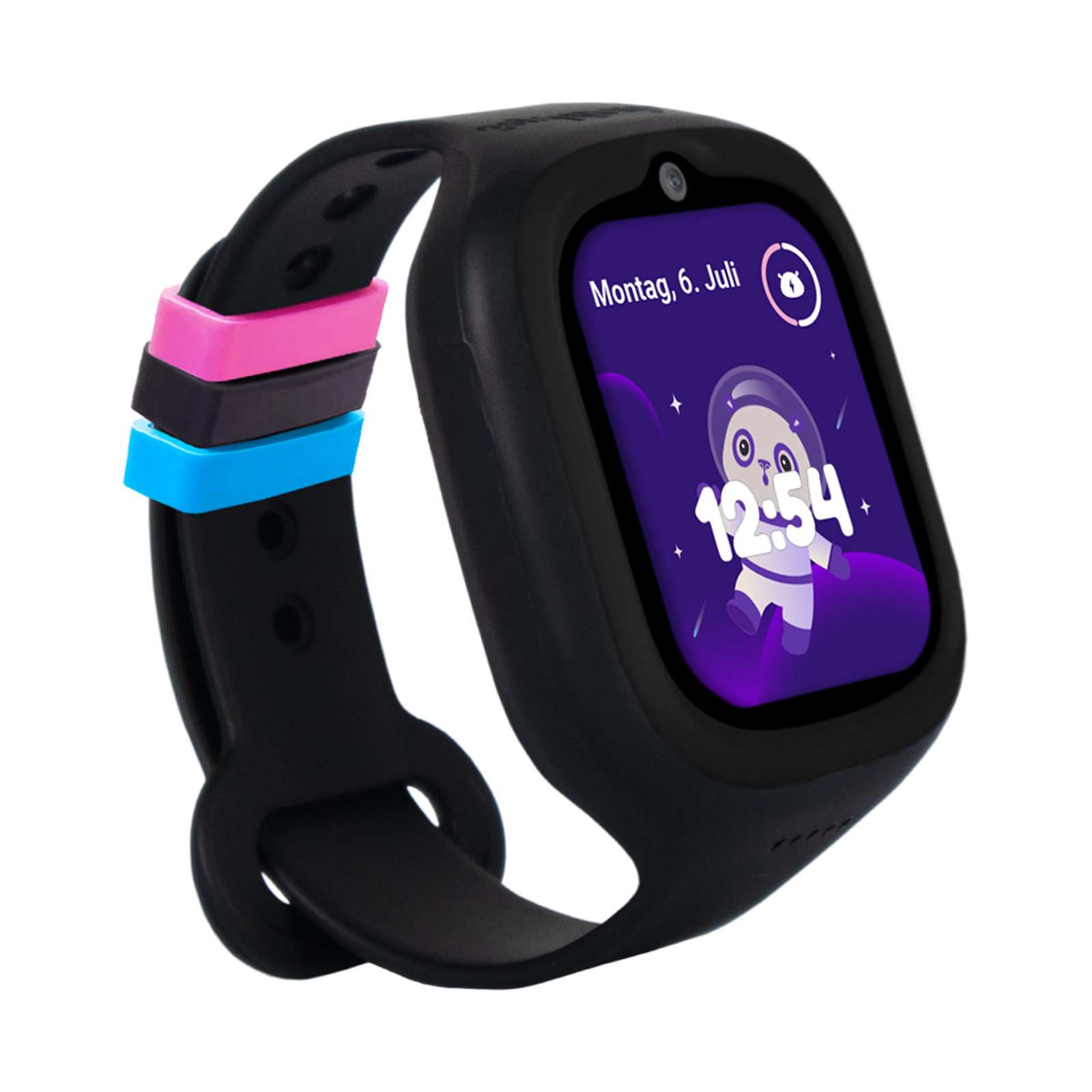 Reloj inteligente negro para niños con pantalla morada, gráfico de panda astronauta y trabillas coloridas.
