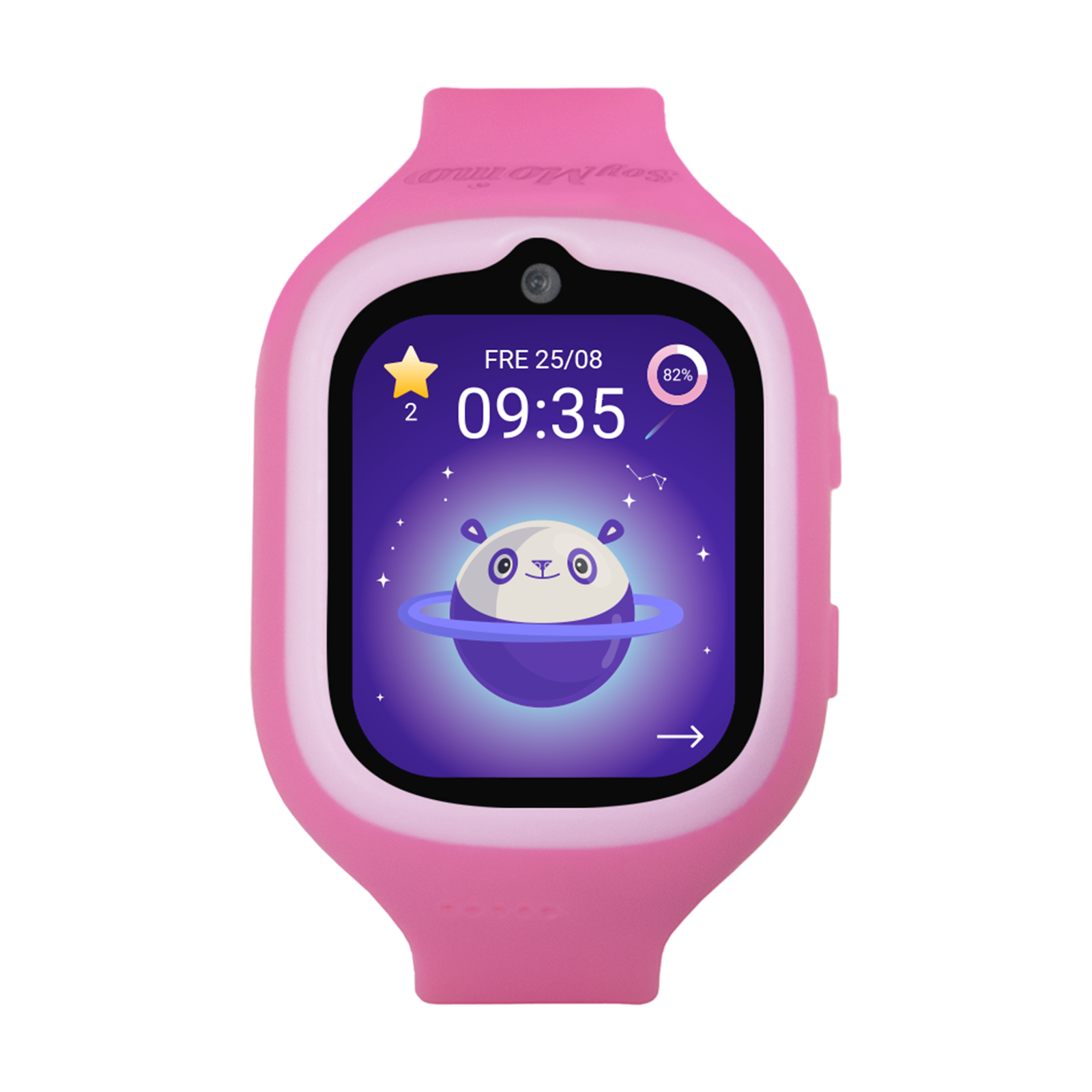 Reloj inteligente rosa para niños con hora, fecha y un panda de dibujos animados.