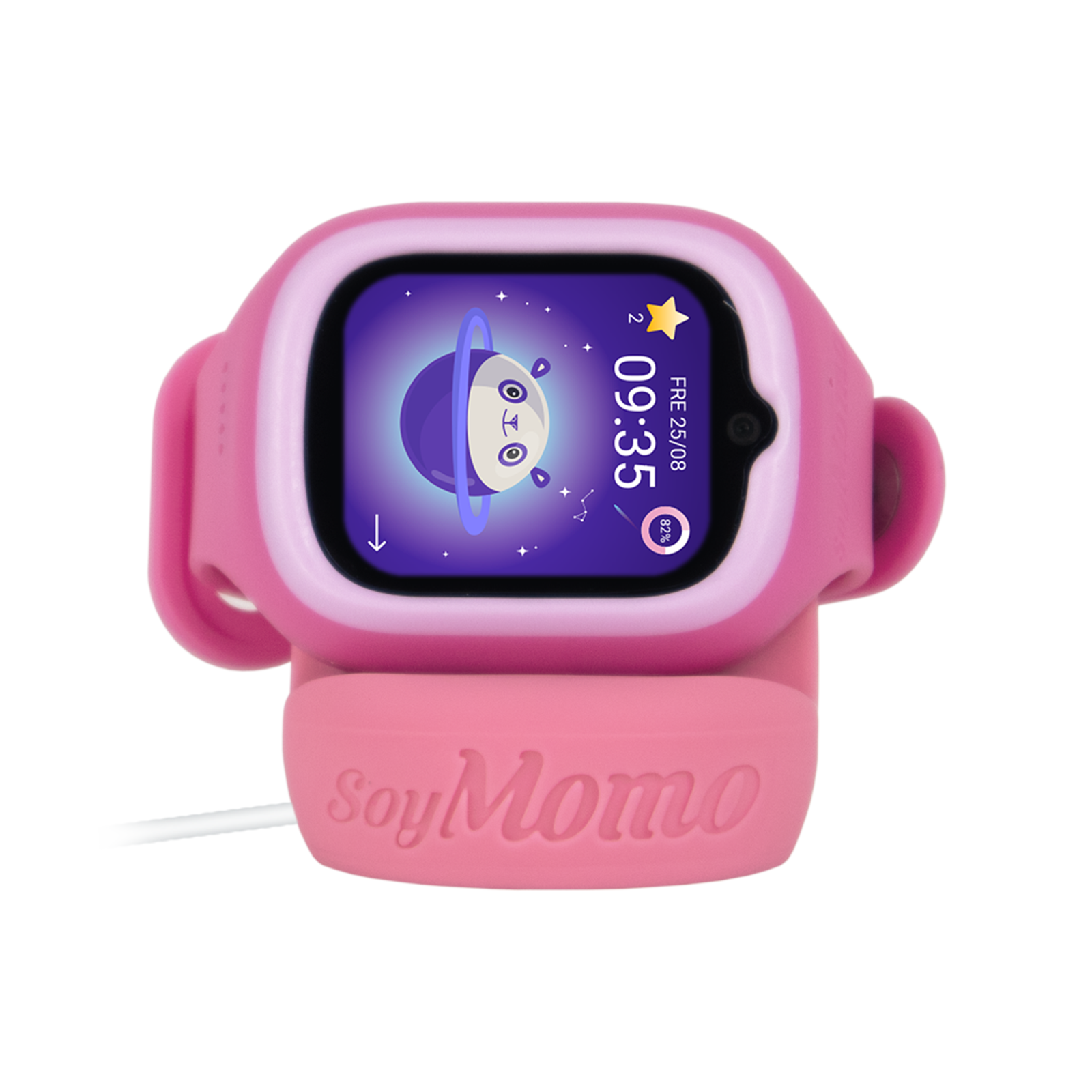 Reloj inteligente rosa para niños en una base de carga con fondo espacial y marca SoyMomo.