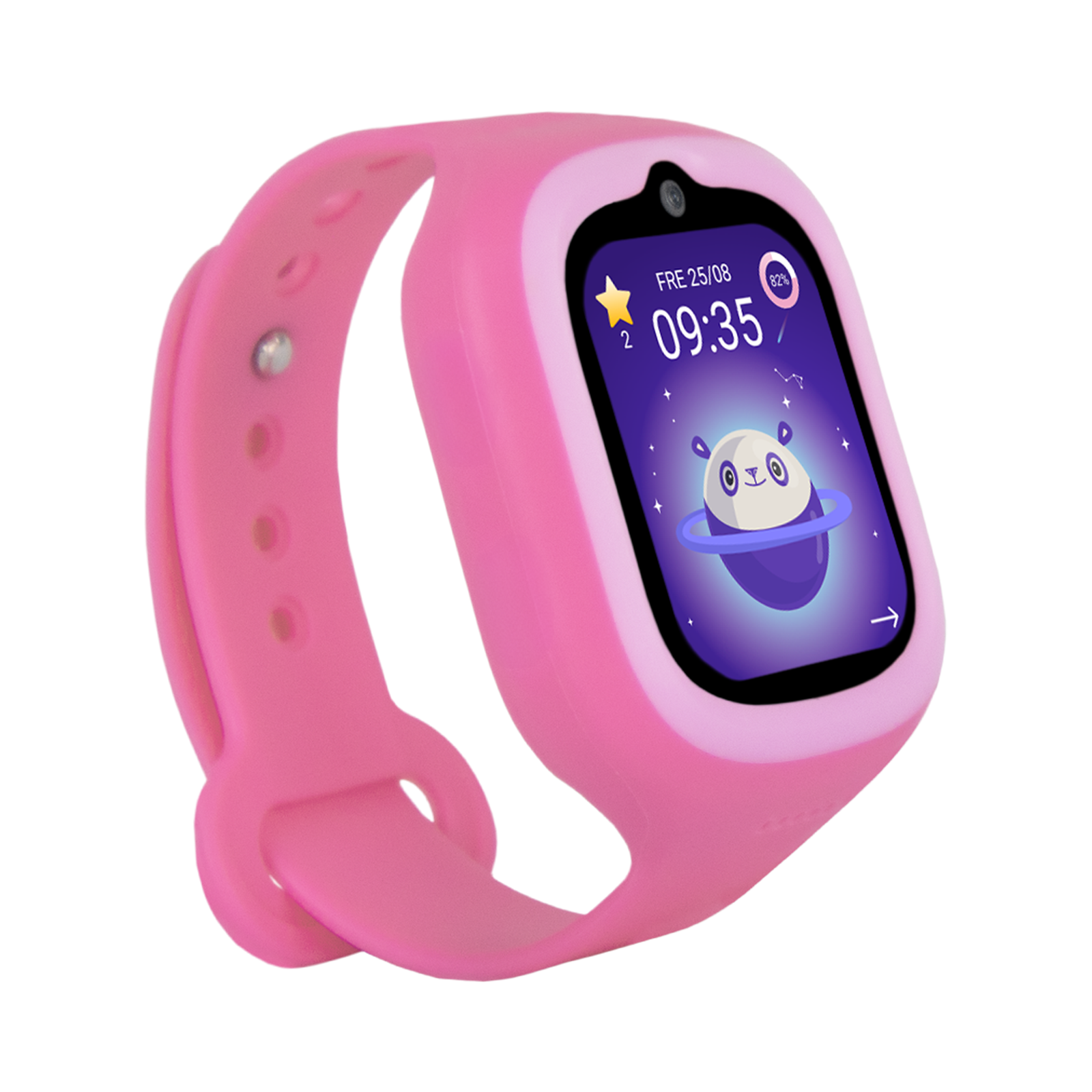 Reloj inteligente rosa para niños con pantalla morada que muestra un panda en el espacio, hora y fecha.