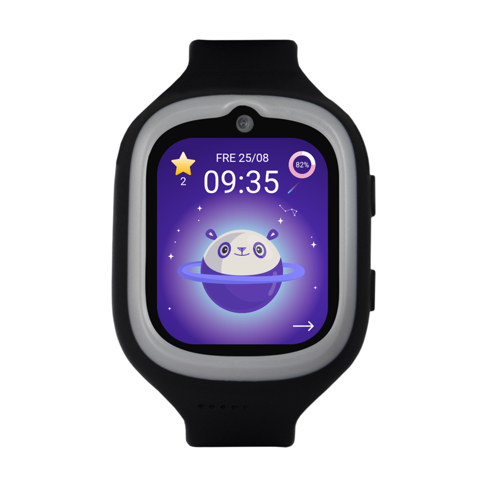 Reloj inteligente negro para niños con esfera de panda espacial que muestra las 09:35.