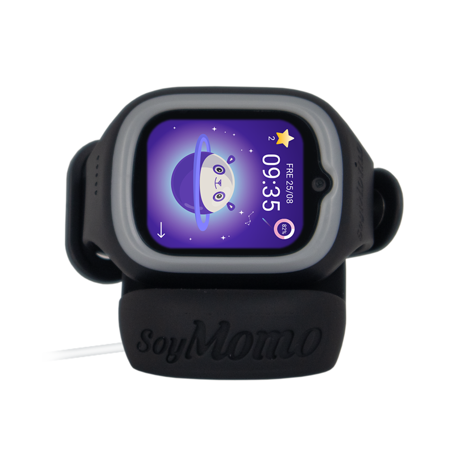 Reloj inteligente negro SoyMomo para niños con esfera espacial morada sobre fondo blanco.