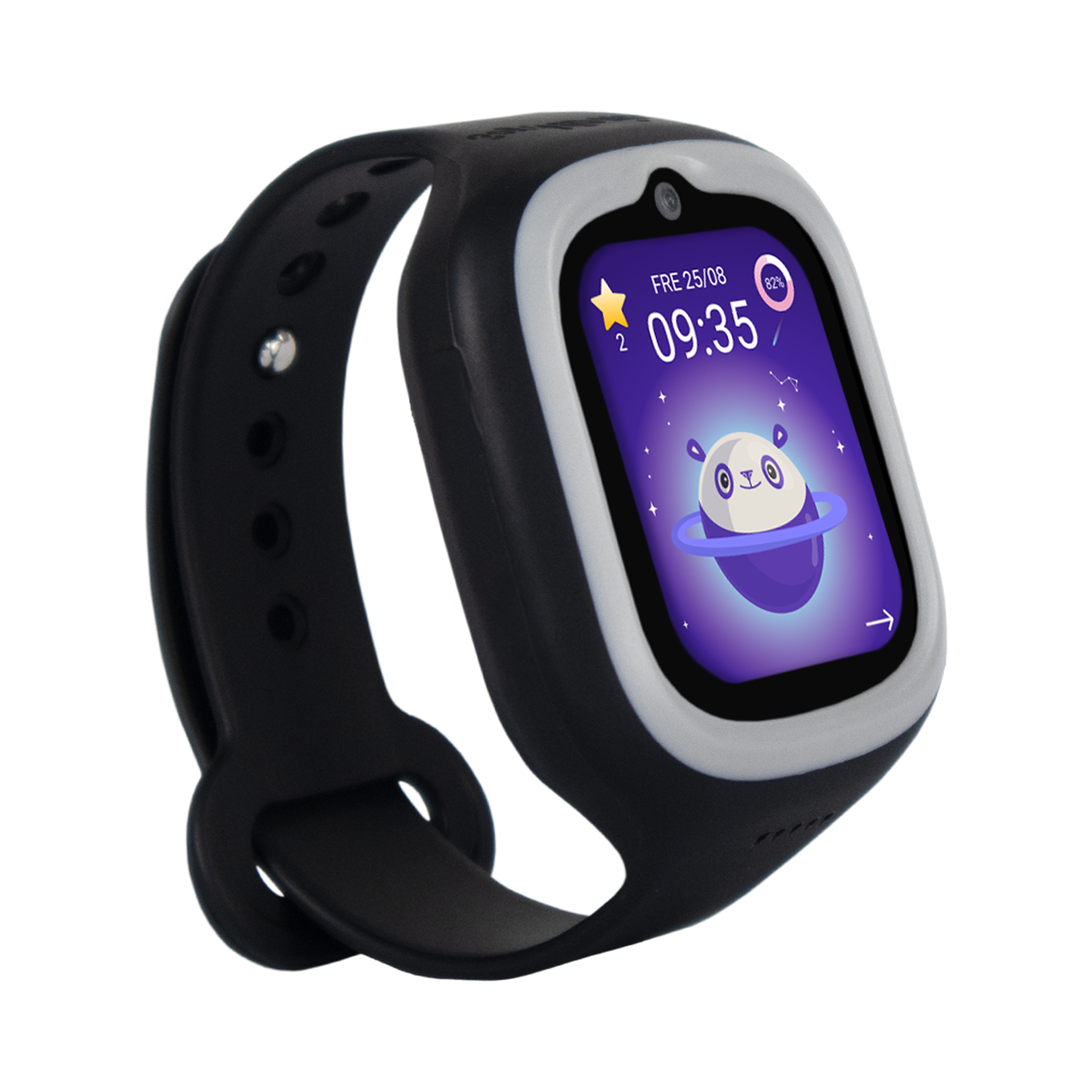 Un reloj inteligente negro para niños con borde gris y pantalla morada que muestra un lindo panda y las 09:35.