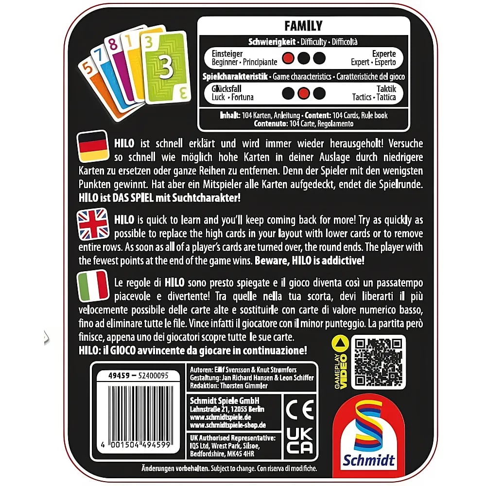 Rückseite der Spieleverpackung von HILO mit Spielregeln in drei Sprachen, Barcode, QR-Code und Schmidt-Logo.