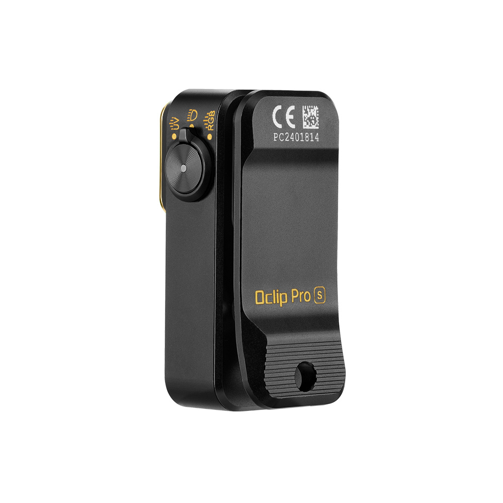 Schwarzes Oclip Pro S Gerät mit Metallclip, Einstellrad und CE-Kennzeichnung auf weißem Hintergrund.