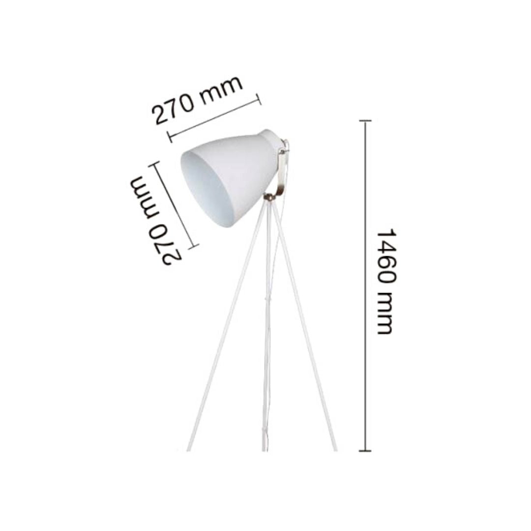 Diagrama de una lámpara de pie trípode blanca con dimensiones: pantalla de 270 mm y altura de 1460 mm.