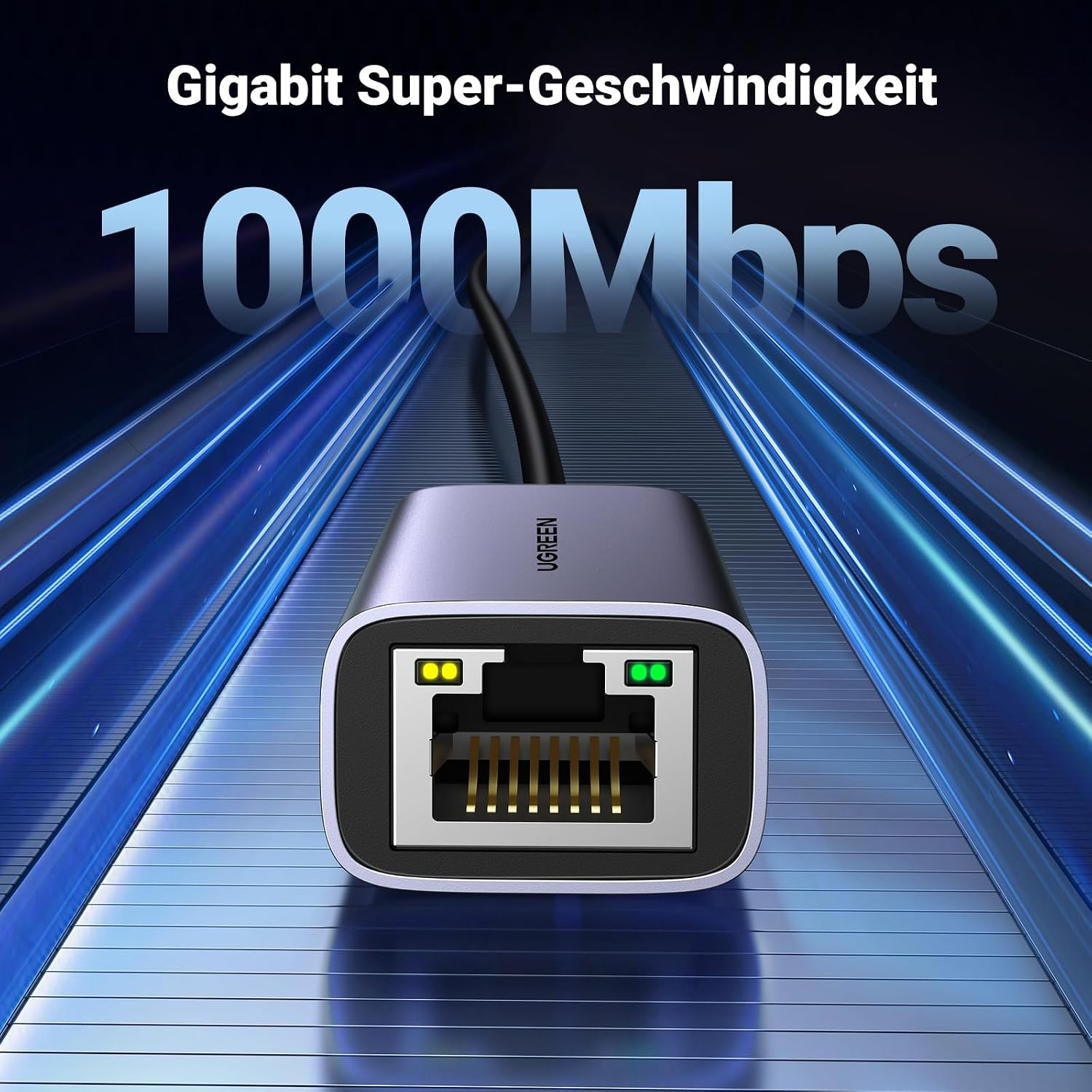 Un adaptador ethernet Ugreen sobre fondo azul con el texto 1000Mbps y Gigabit Super-Geschwindigkeit.