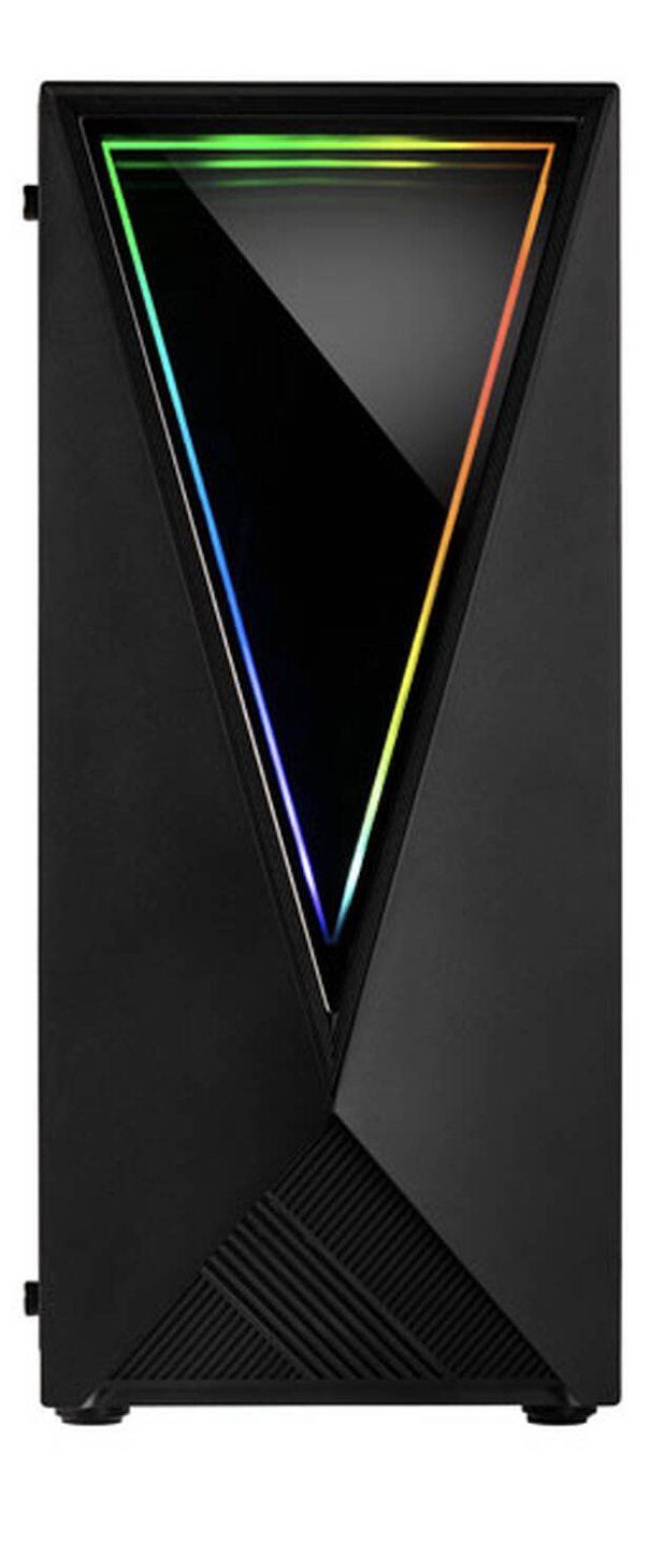 Schwarzes PC-Gehäuse mit einer dreieckigen RGB-Beleuchtung vorne.