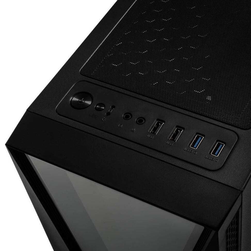 Nahaufnahme der oberen Abdeckung eines schwarzen PC-Gehäuses mit Ein/Aus-Schalter, Audiobuchsen und USB-Anschlüssen.