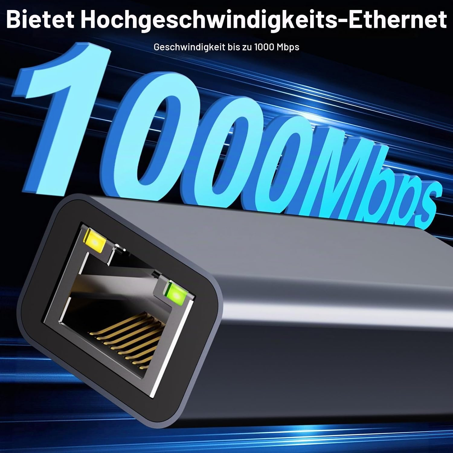 Un adaptador Ethernet gris con LEDs verdes brillantes sobre un fondo azul con el texto 1000 Mbps.