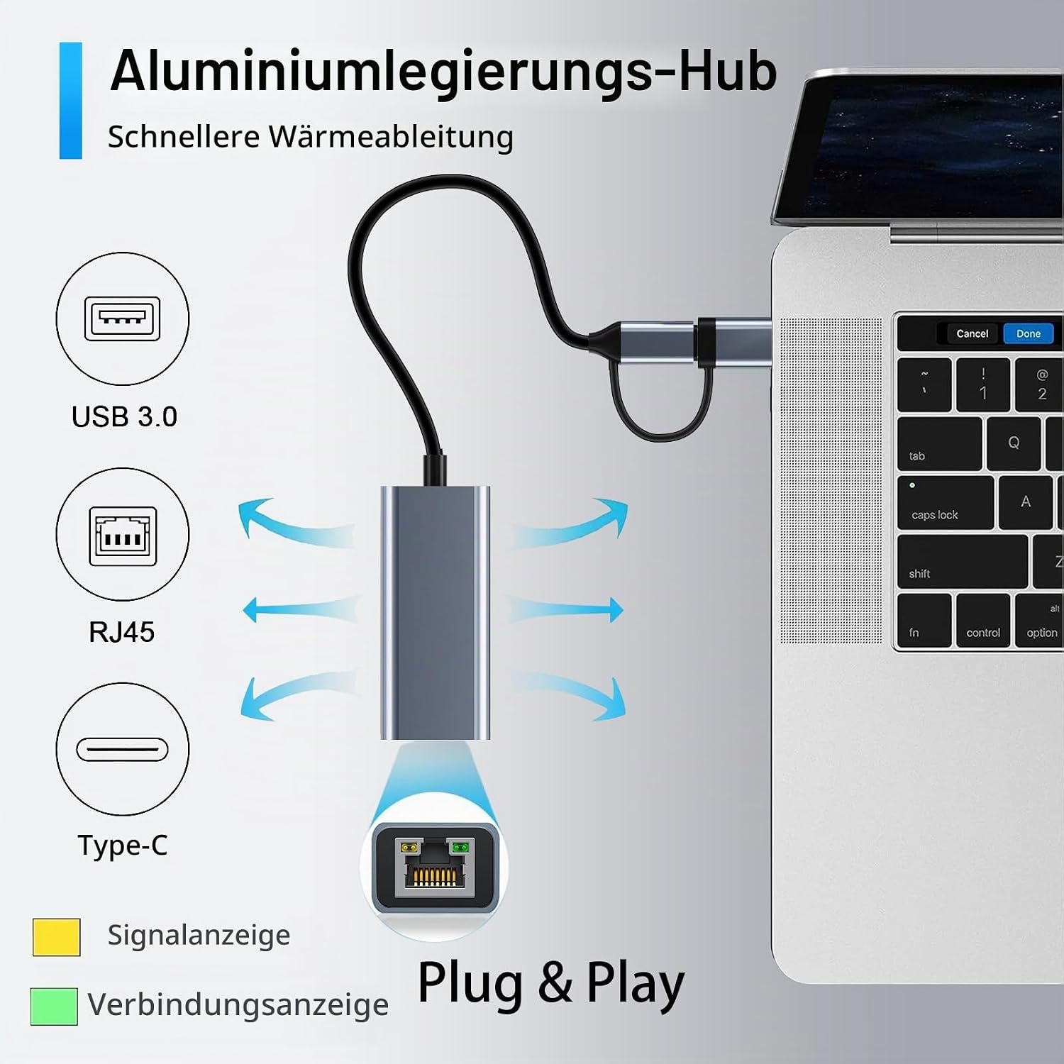 Un concentrador USB-C de aluminio conectado a una computadora portátil con flechas de disipación de calor.