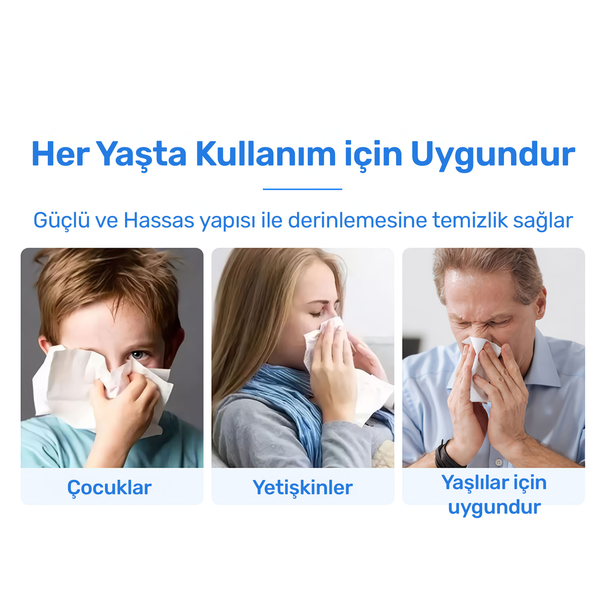 Çocuk, kadın ve yaşlı bir adamın mendille burunlarını sildiğini gösteren Türkçe yazılı reklam.
