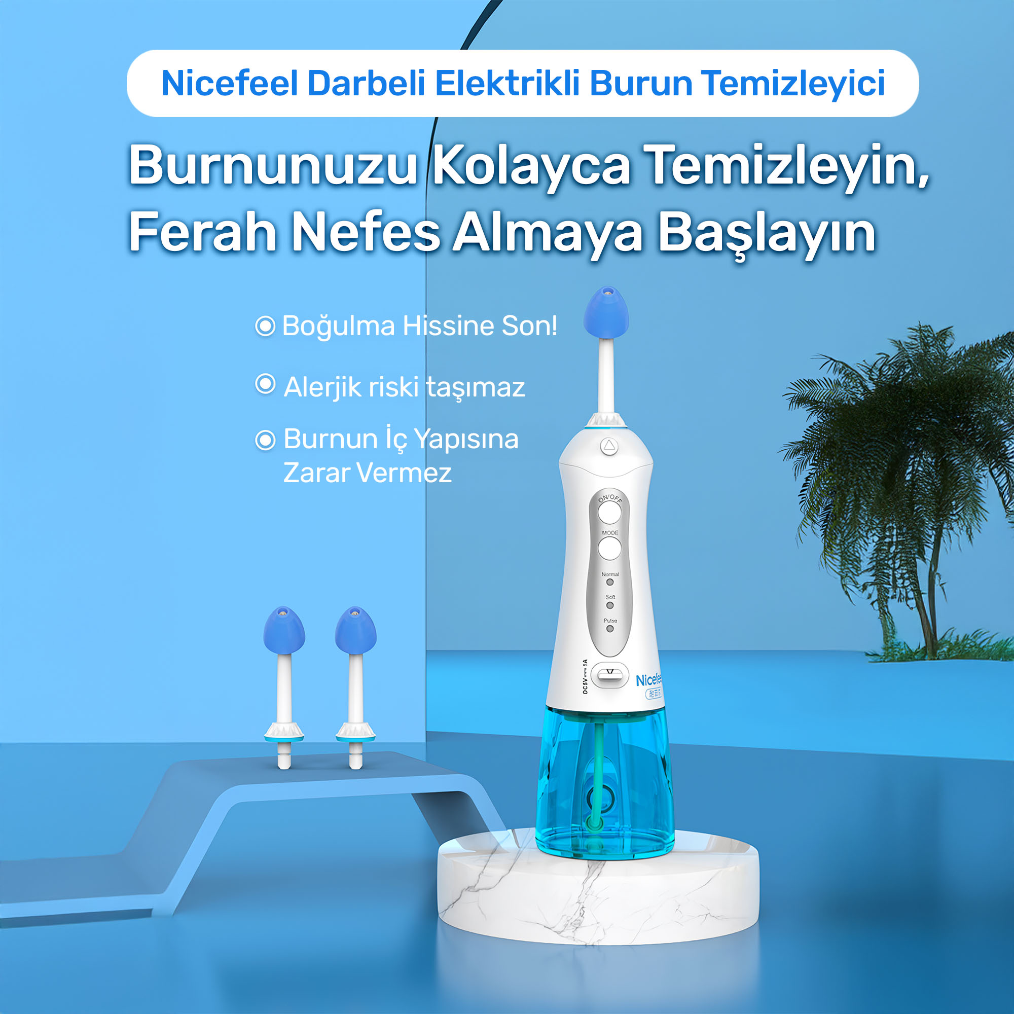 Mavi arka plan önünde, üzerinde ek başlıklar olan beyaz ve mavi elektrikli burun temizleyici.