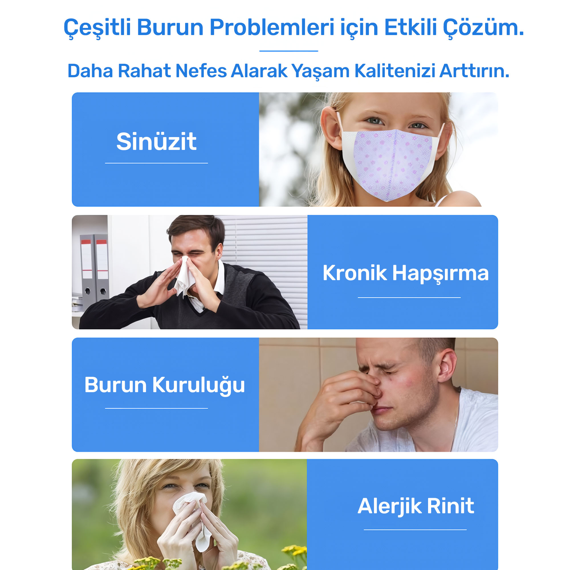 Farklı burun problemlerini ve çözümlerini gösteren tıbbi infografik.