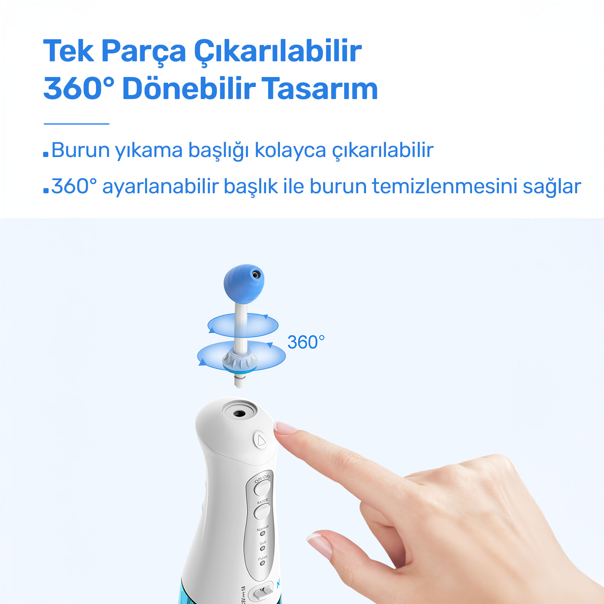 360 derece dönebilen çıkarılabilir mavi başlıklı beyaz burun irrigatörünün düğmesine basan bir el.