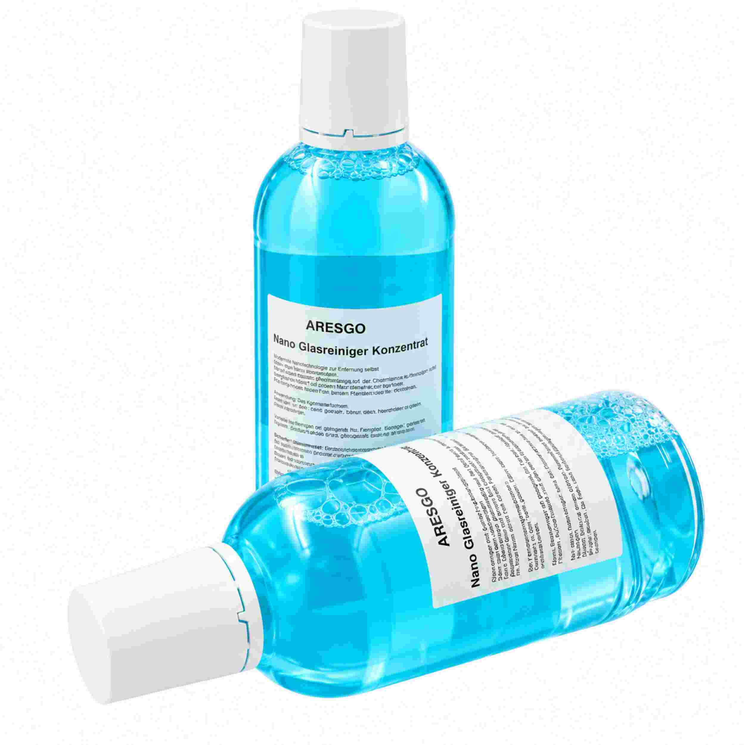 Zwei Flaschen ARESGO Nano Glasreiniger Konzentrat mit blauer Flüssigkeit und weißem Deckel.