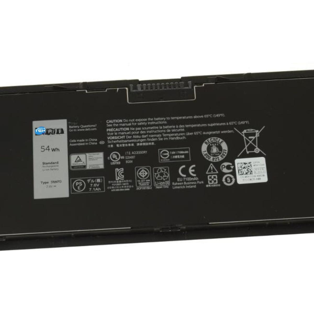 Batteria per laptop nera con avvertenze di sicurezza e specifiche.