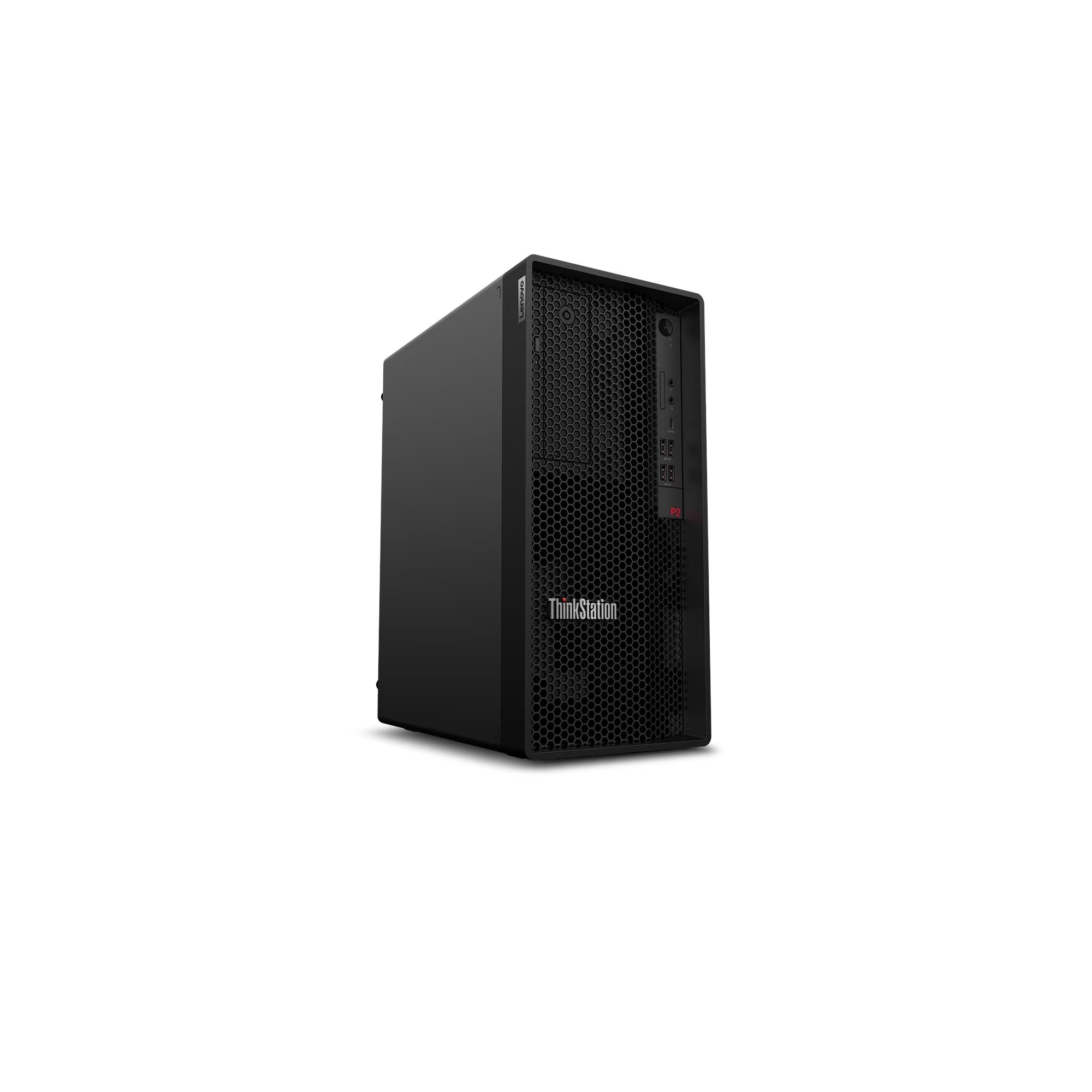 Beyaz arka planda siyah renkli Lenovo ThinkStation P2 masaüstü bilgisayar kasası.