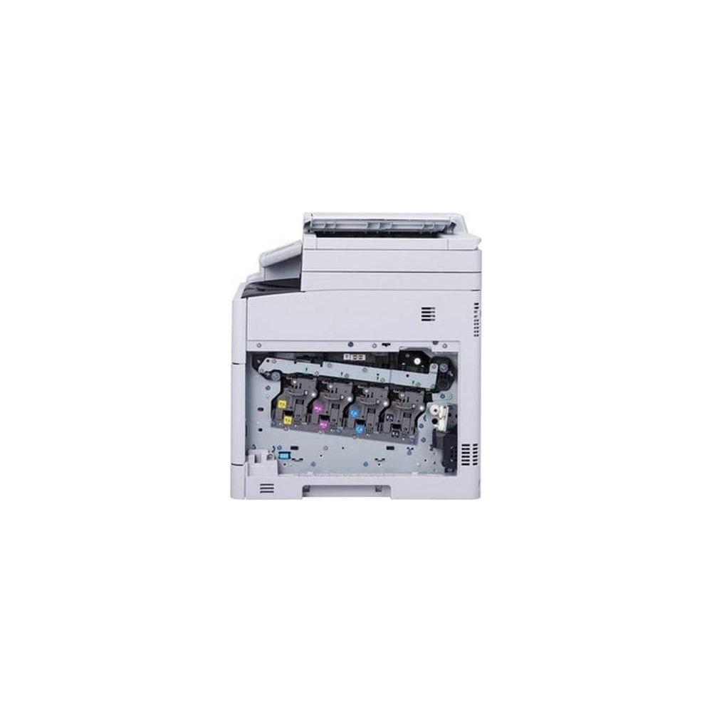 Ön paneli açık, toner kartuşlarını ve iç mekanizmayı gösteren beyaz bir lazer yazıcı.