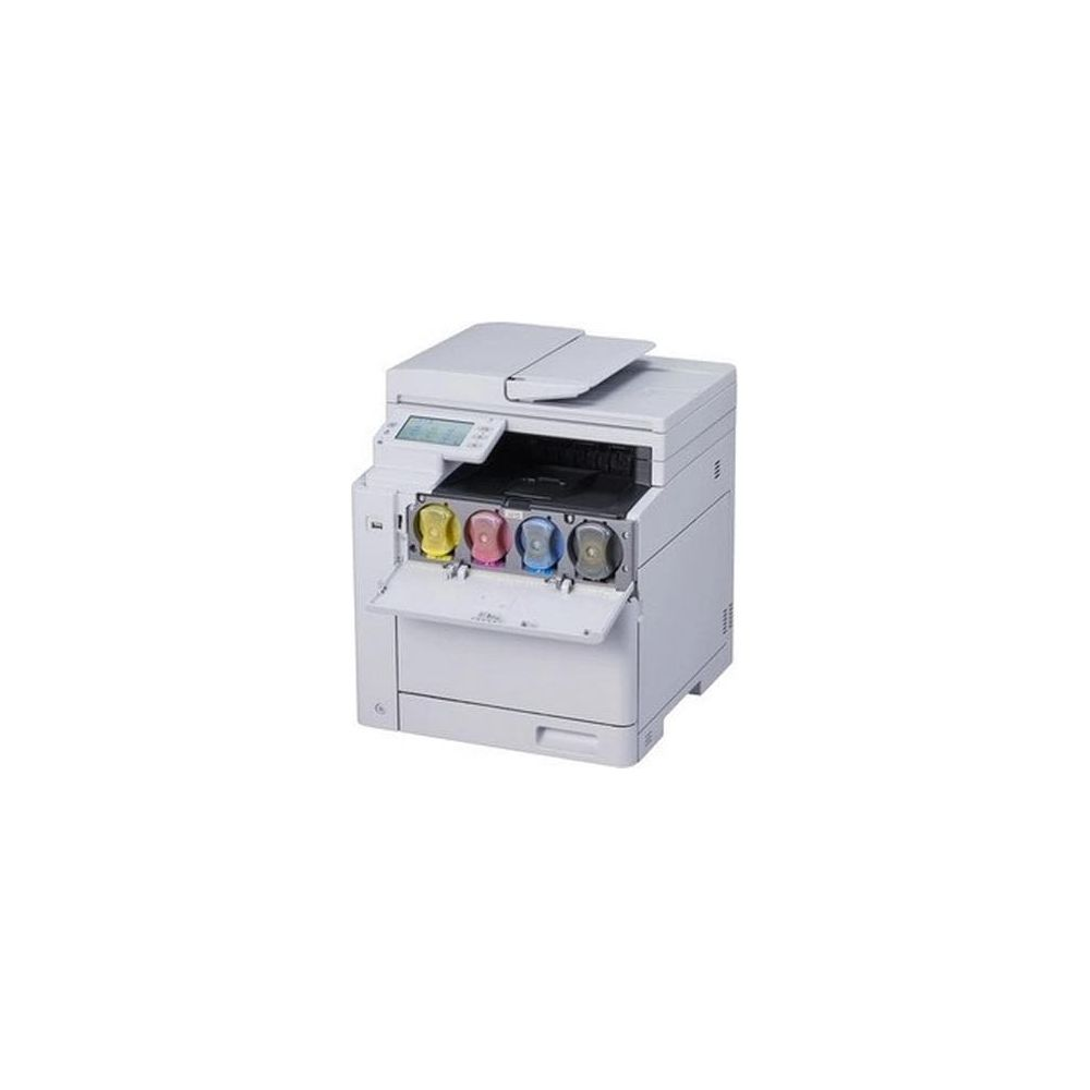 Açık toner kapağına sahip beyaz bir çok fonksiyonlu yazıcı, dört renkli toner kartuşunu gösteriyor.