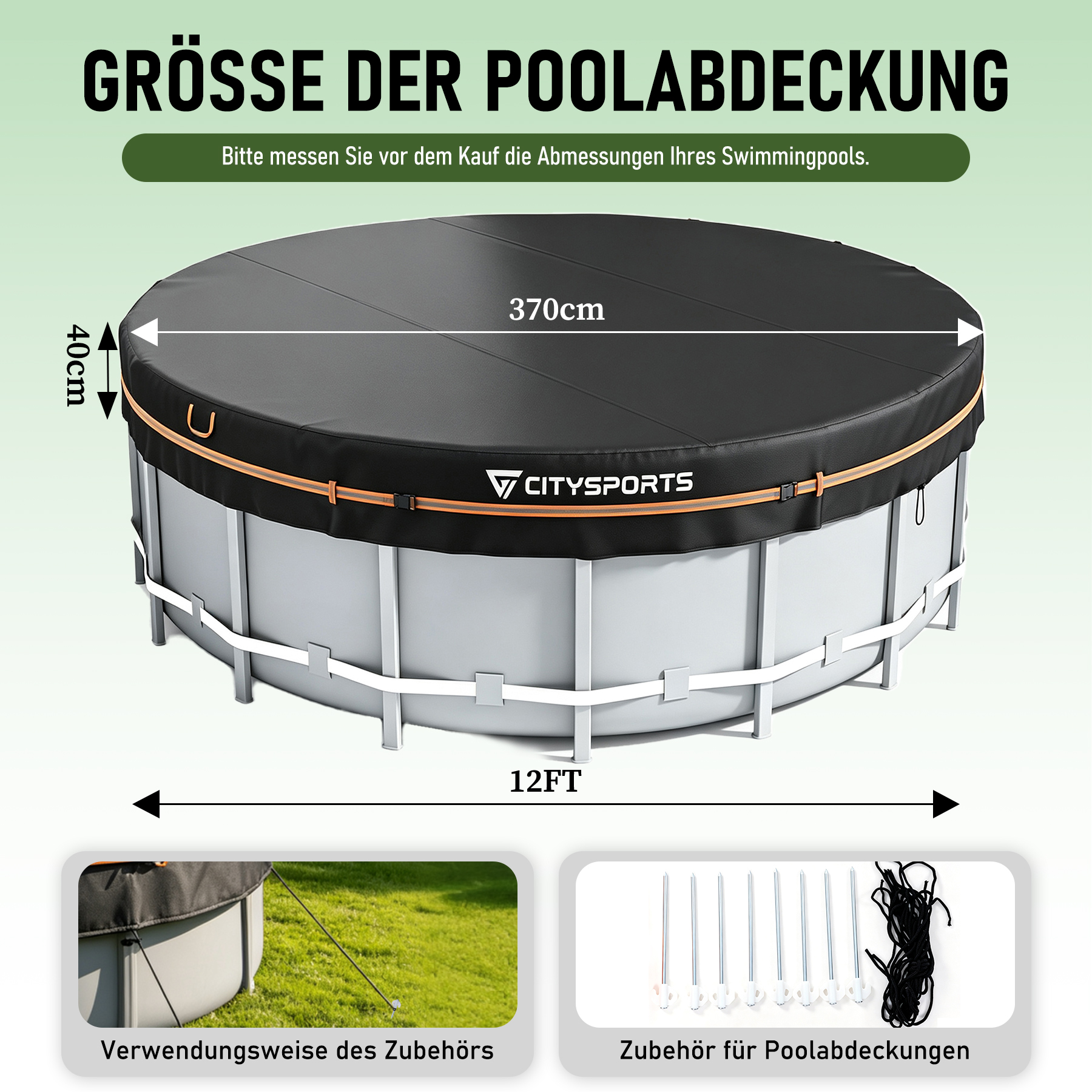 Diagramm der Poolabdeckung mit Maßangaben 370 cm, 40 cm und 12 FT sowie Zubehör.