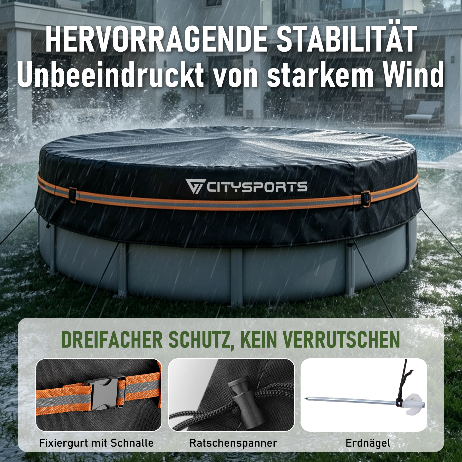Runder Pool mit schwarzer Schutzhülle, gesichert durch Gurte und Erdnägel im Regen vor einem Haus.