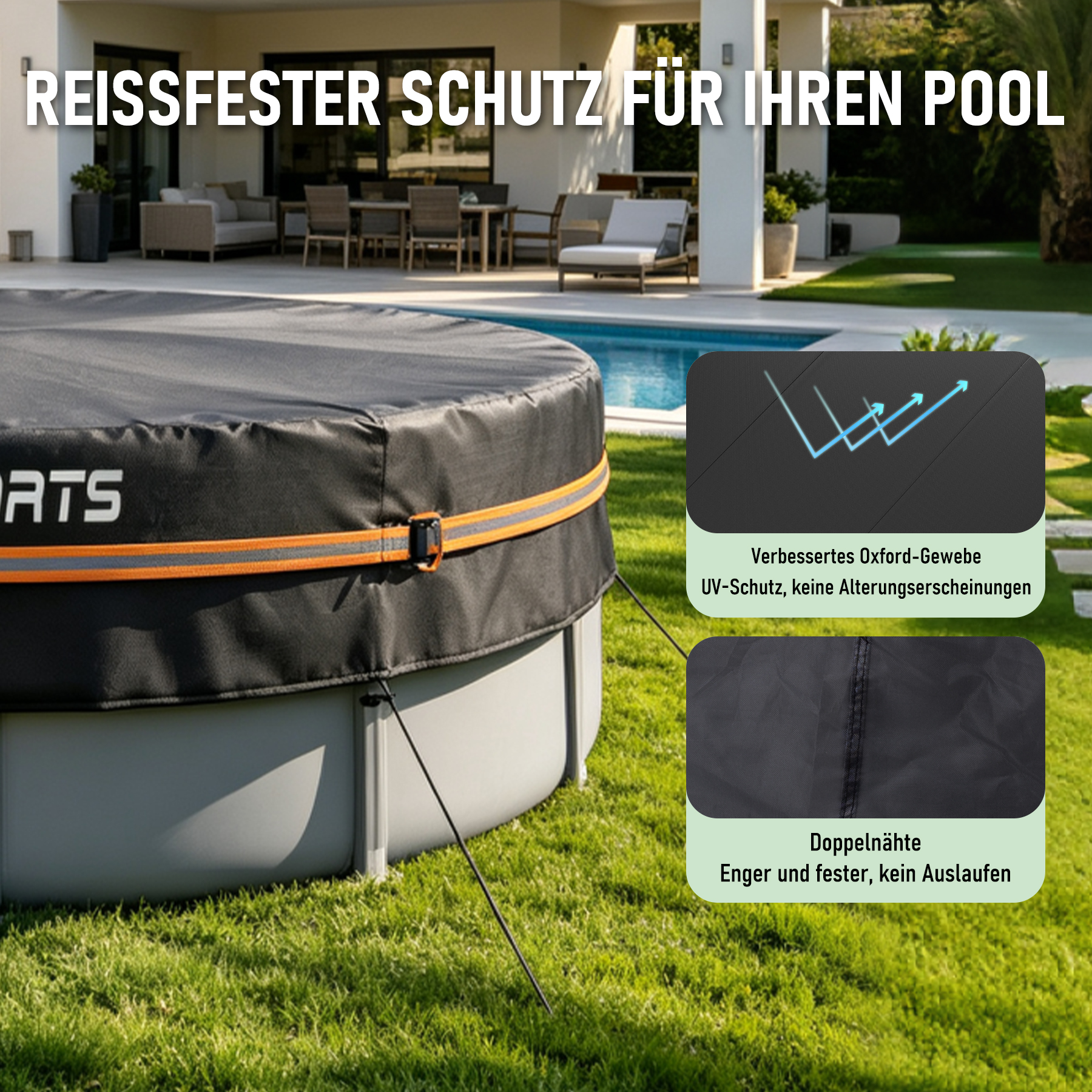 Schwarze Schutzabdeckung für einen runden Gartenpool mit orangefarbenem Gurt und Details zu Oxford-Gewebe und Nähten.