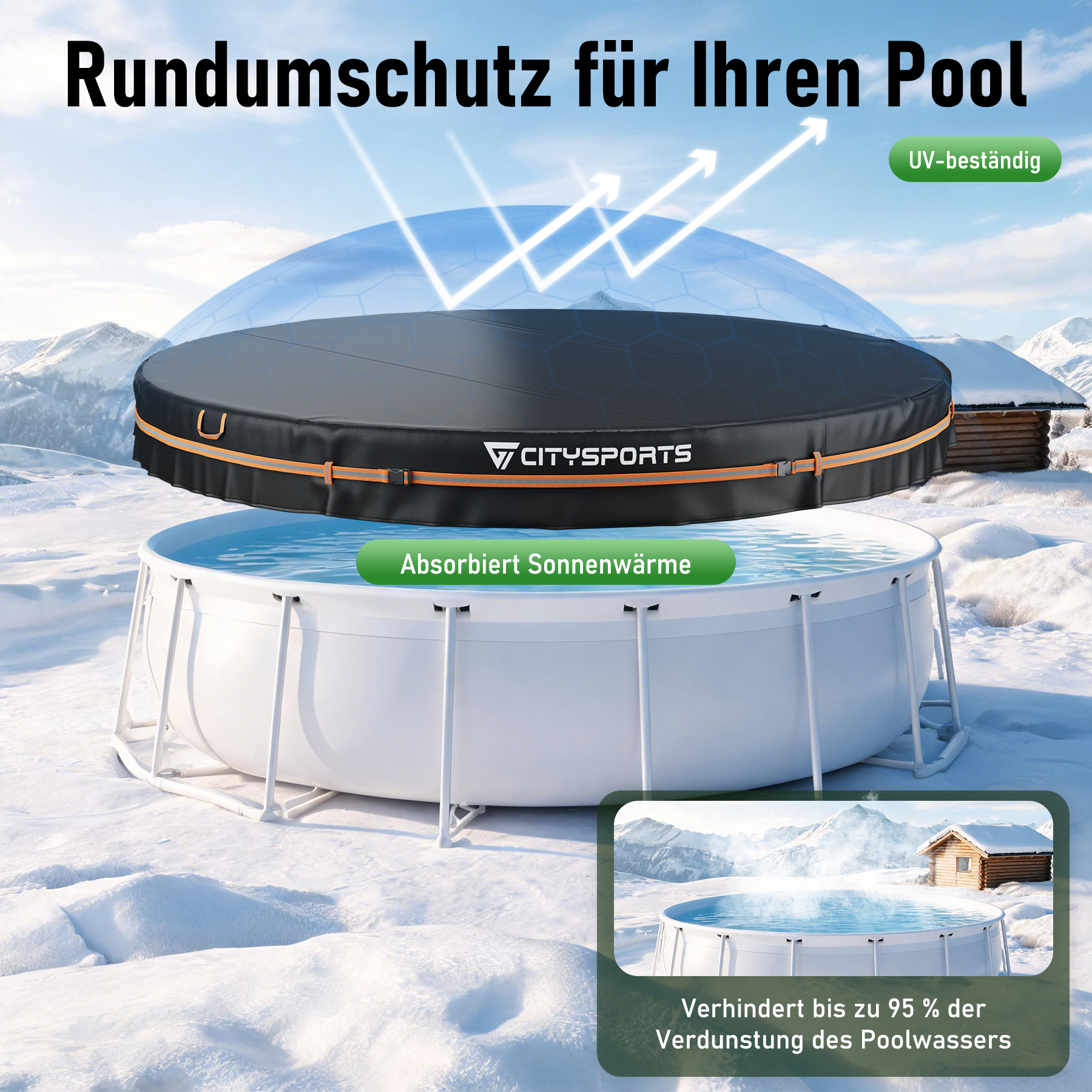 Runder, weißer Pool im Schnee mit schwarzer Schutzabdeckung, schneebedeckte Berge und Holzhütte im Hintergrund.