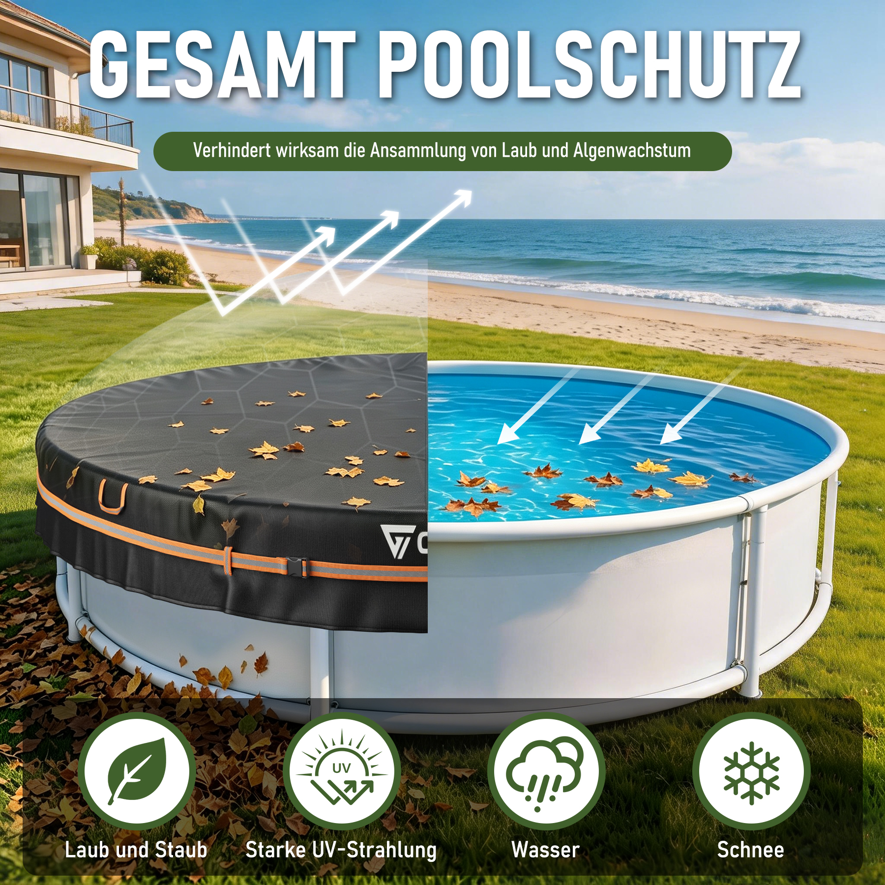 Vergleich zweier Pools: Ein Pool mit Schutzabdeckung und ein offener Pool mit Laub im Wasser vor Strand.
