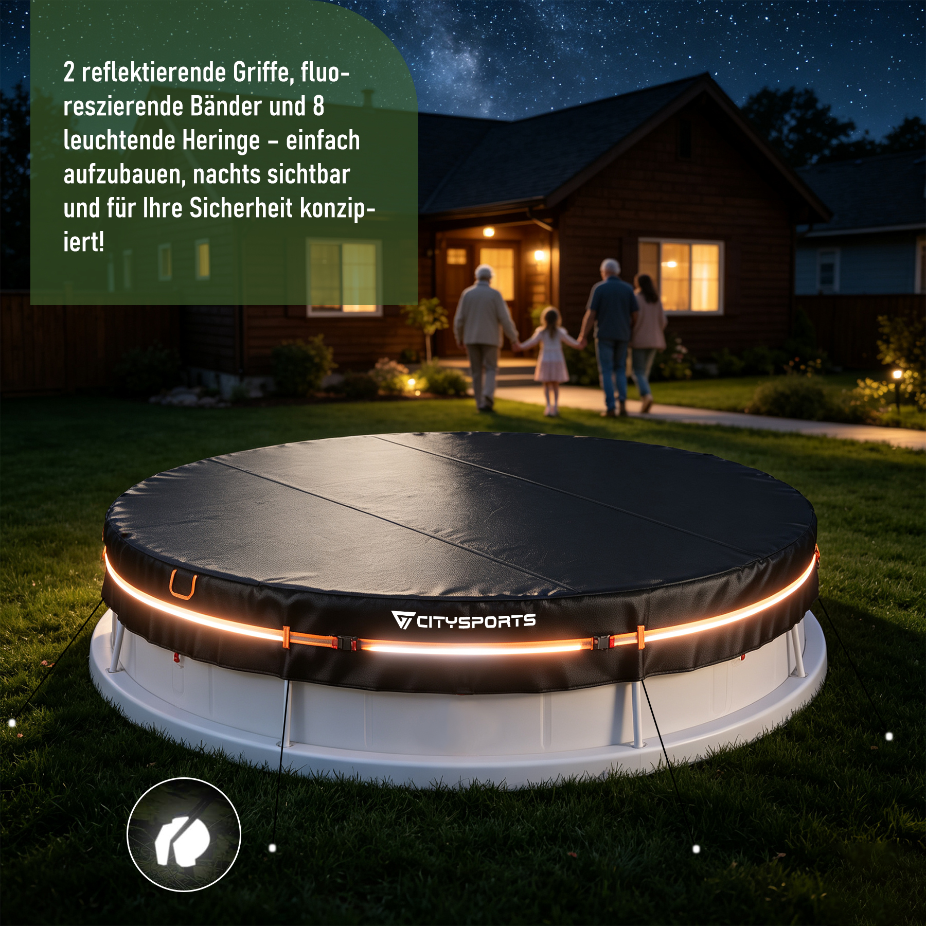 Ein leuchtend abgedeckter runder Pool im Garten bei Nacht mit Haus und Familie im Hintergrund.