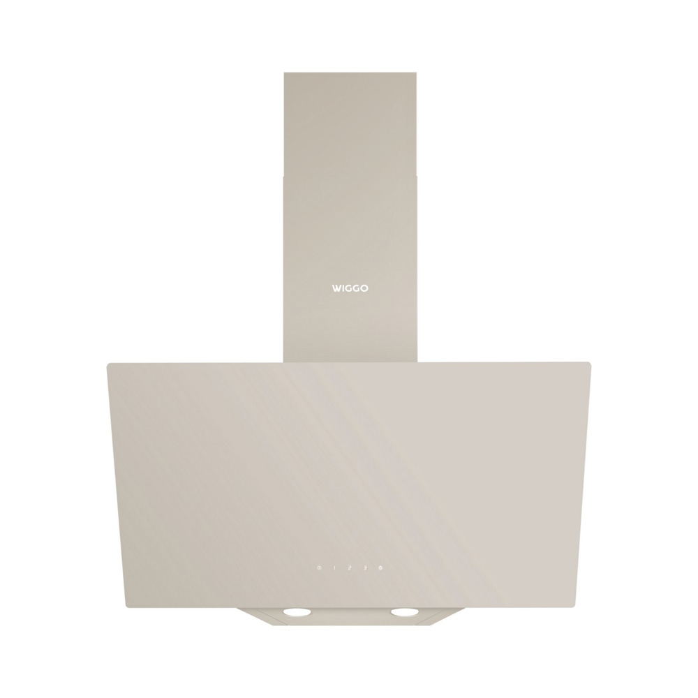 A beige Wiggo kitchen extractor hood with touch controls and a chimney on a white background.