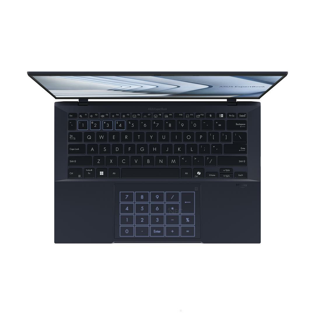 Vista superior de un portátil ASUS ExpertBook azul con teclado iluminado y teclado numérico integrado en el panel táctil.