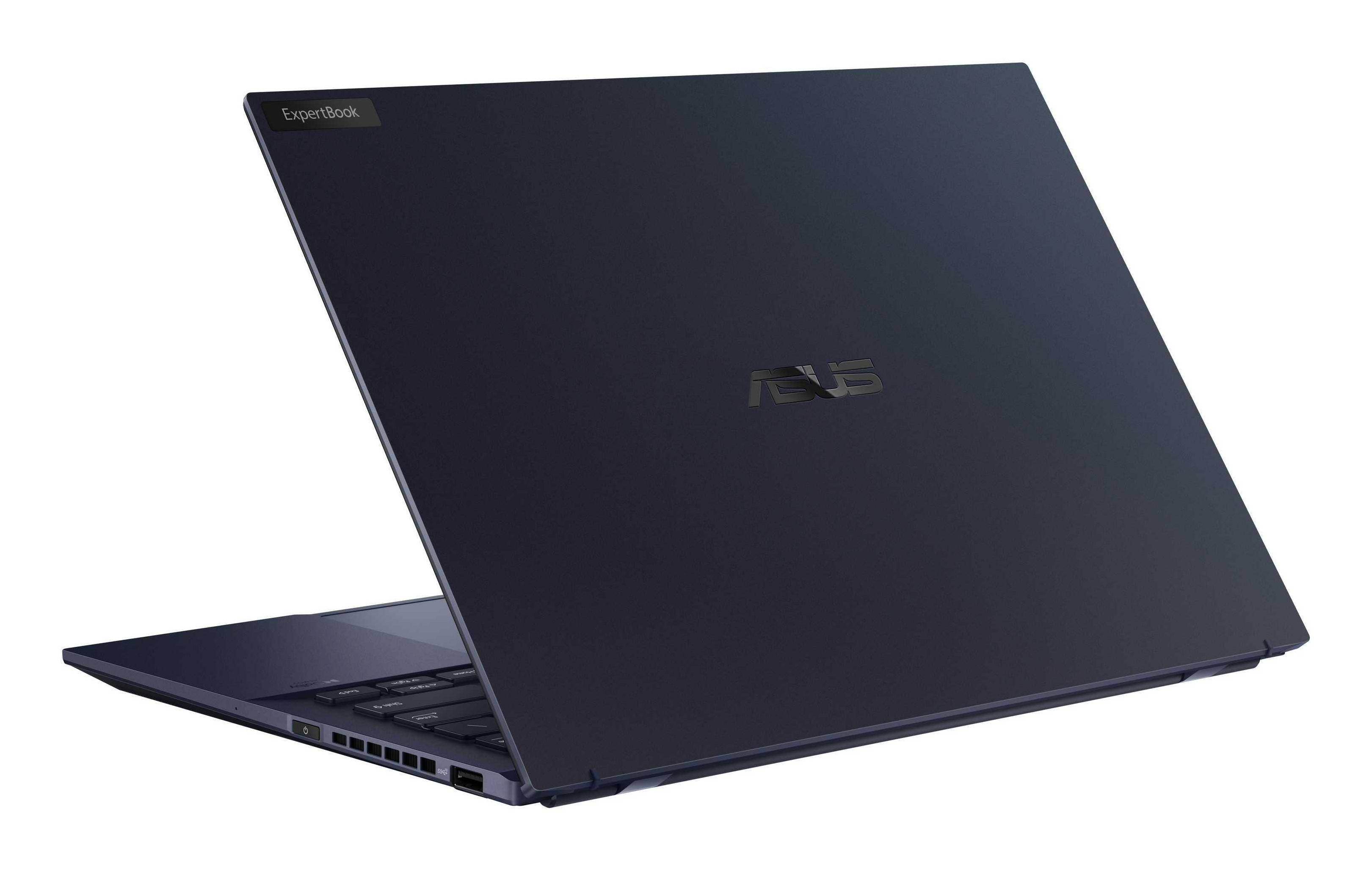 Un ordenador portátil ASUS ExpertBook azul cerrado sobre fondo blanco.