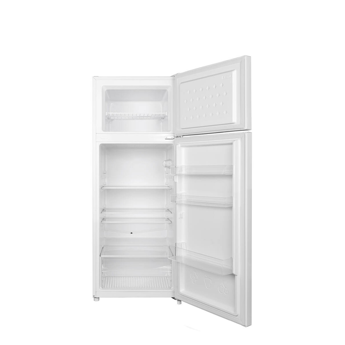 Un refrigerador de dos puertas blanco, abierto y vacío sobre fondo blanco.
