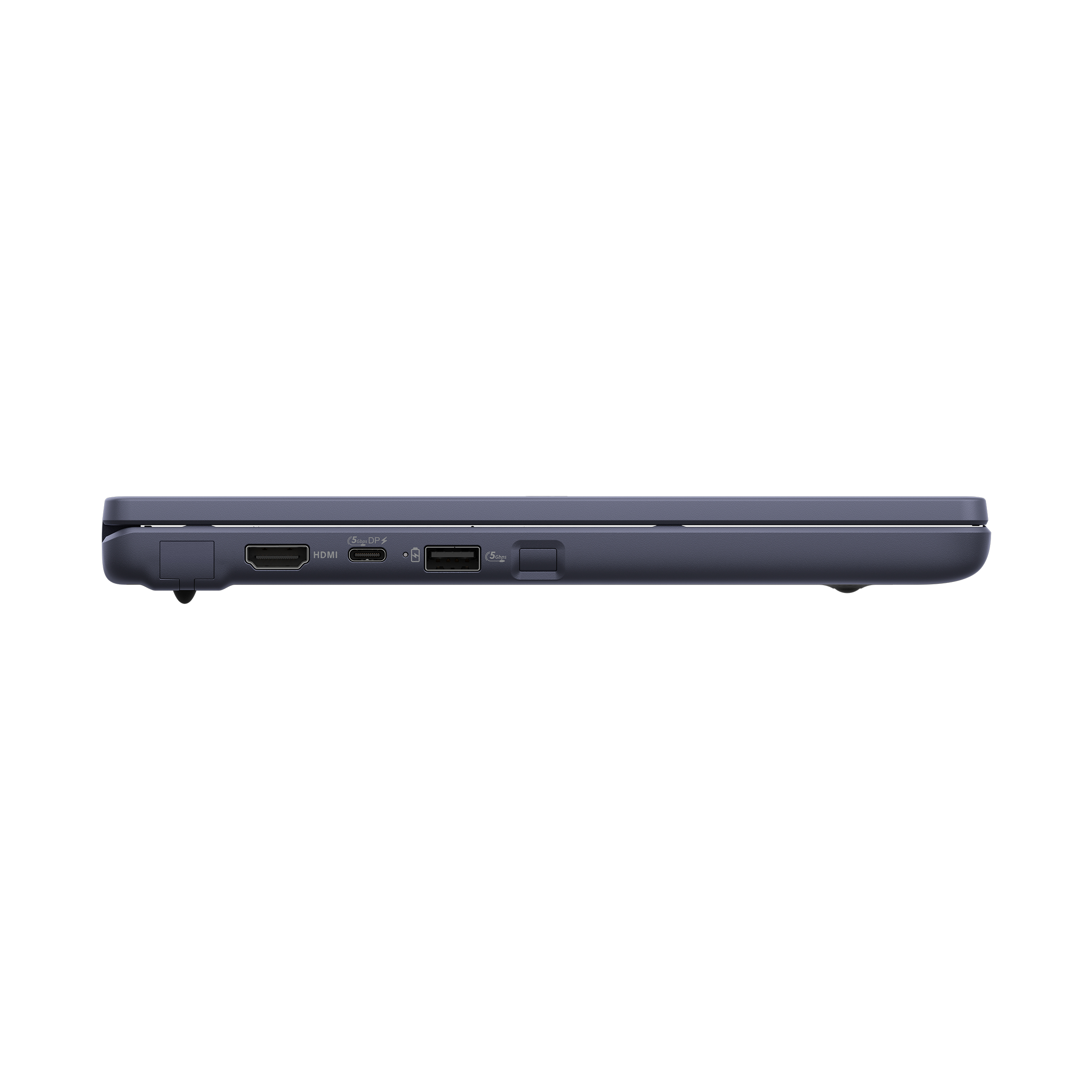 Side view of a closed blue laptop featuring HDMI, USB-C, and USB-A ports.