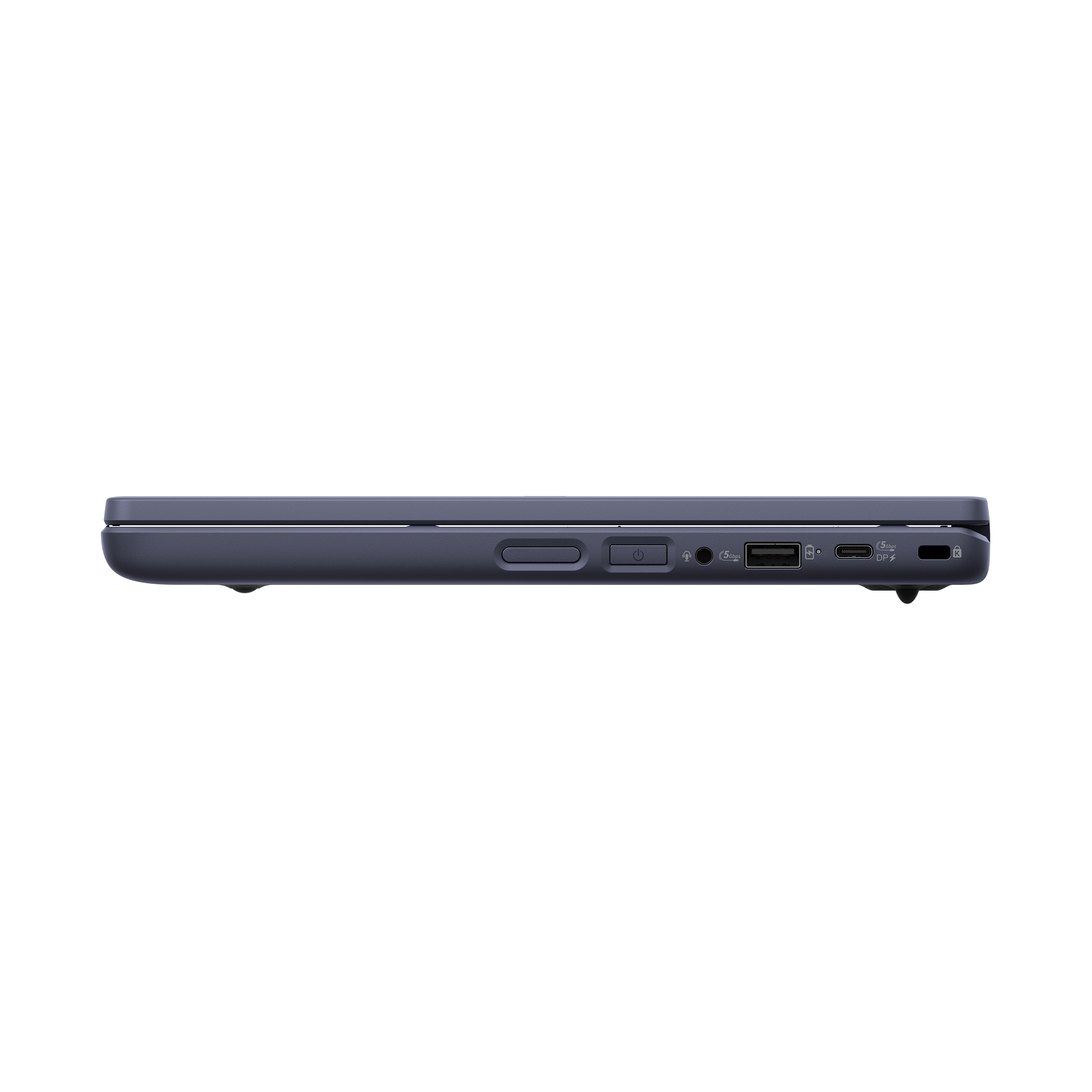 Side view of a closed dark laptop showing power button, USB ports, and audio jack.