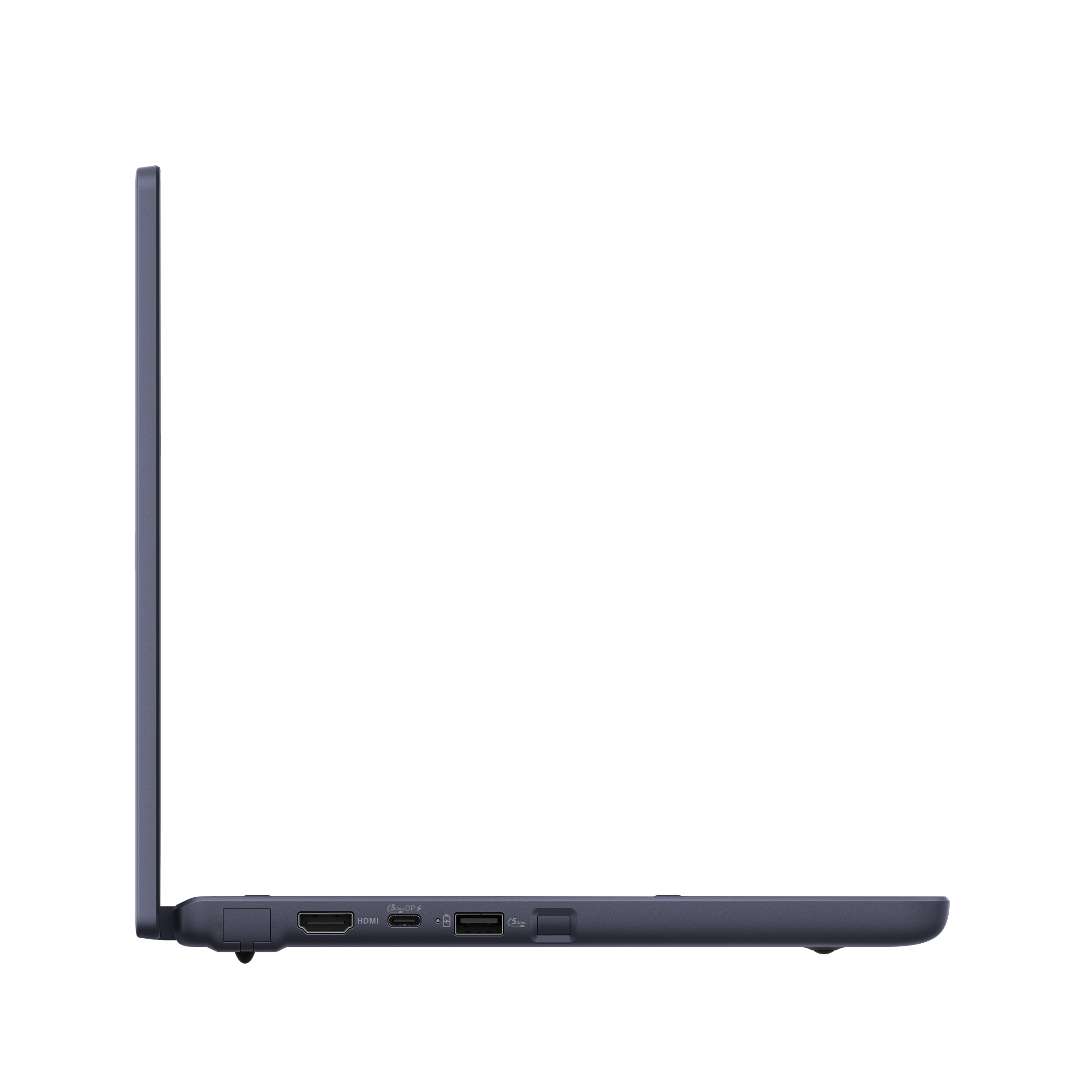 Left side profile of a blue laptop with HDMI and USB ports on a white background.