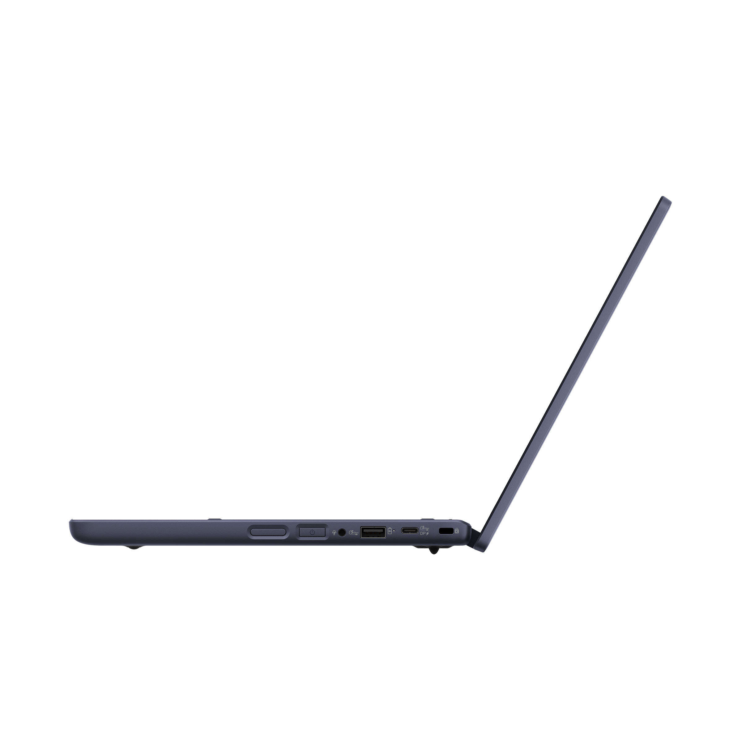 A dark blue laptop shown from the right side, highlighting the ports and power button against a white background.