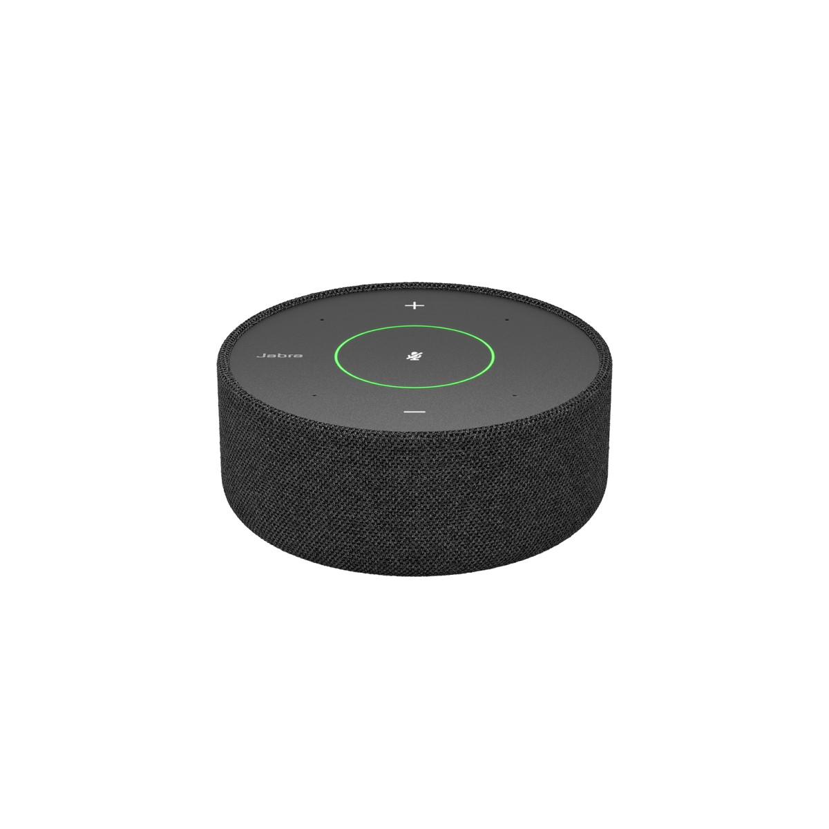 Un altoparlante per conferenze Jabra nero con rivestimento in tessuto e anello LED verde su fondo bianco.