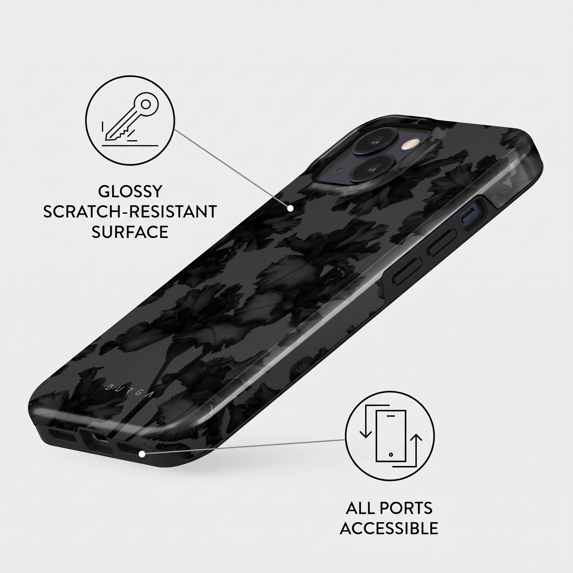 Black glossy phone case with floral pattern, scratch-resistant surface, and fully accessible ports.