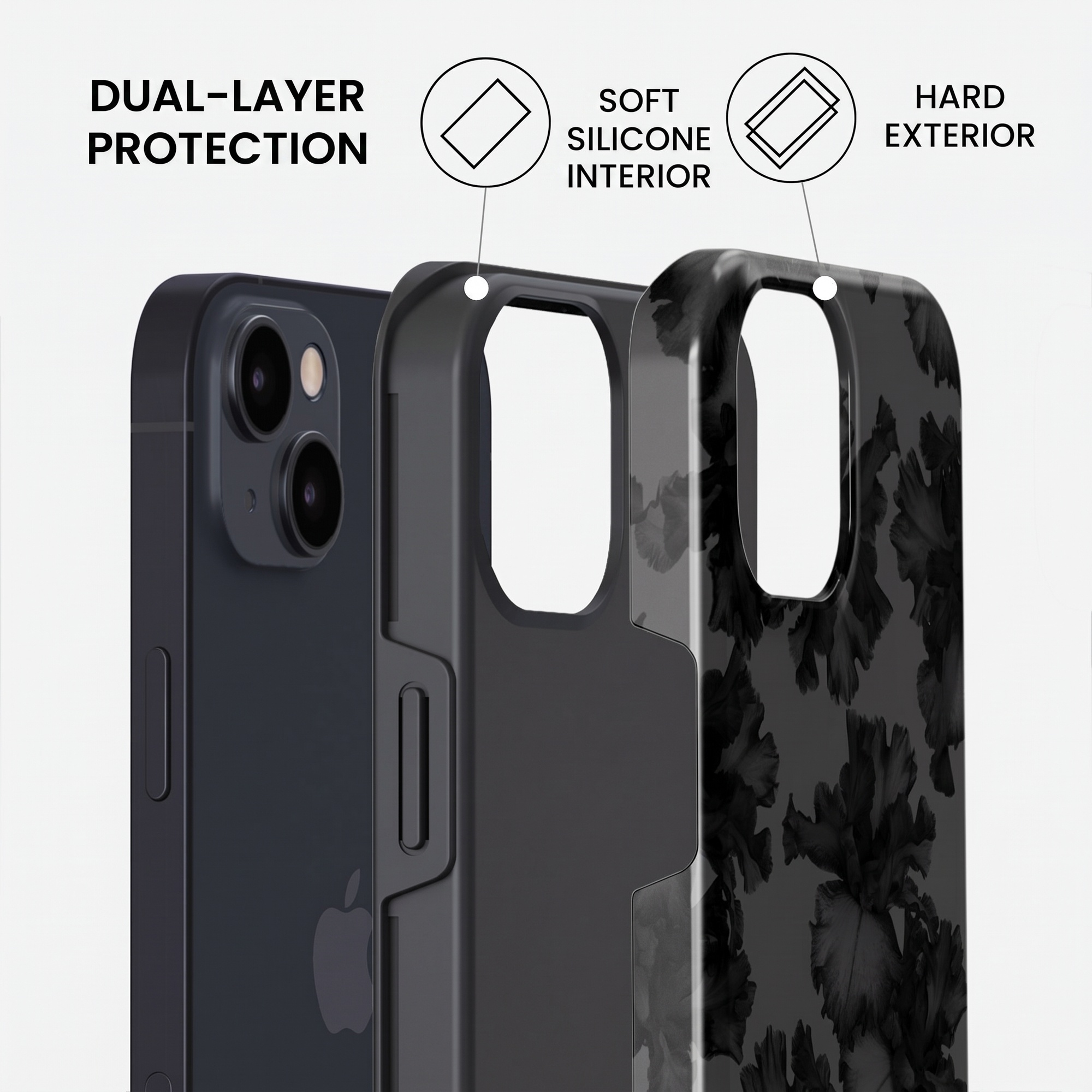 Dual-layer phone protection featuring a soft silicone interior and hard floral exterior.
