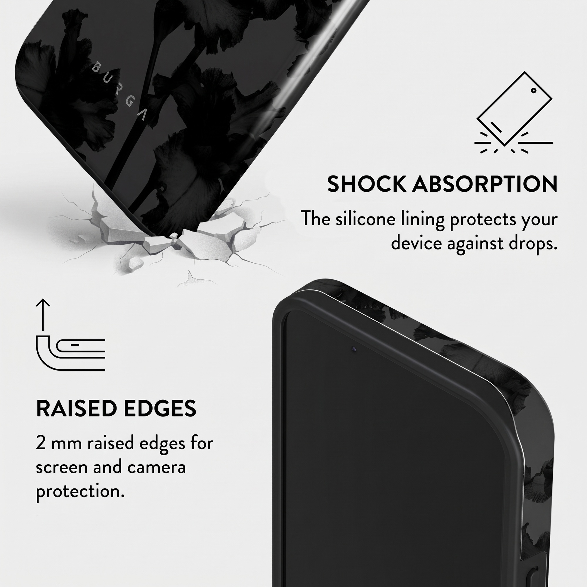 Diagram shows shock absorption and raised edges of a black floral phone case.