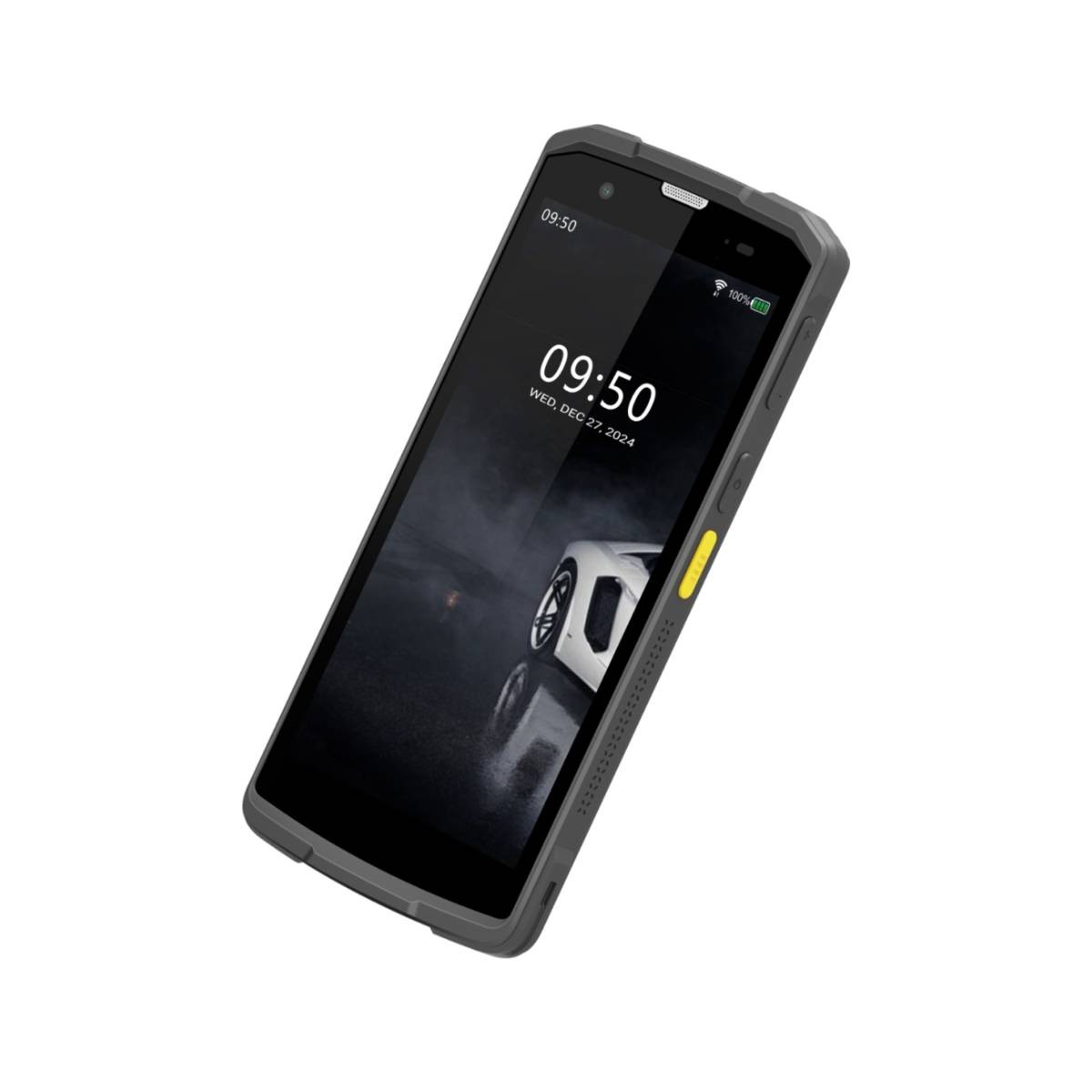 Smartphone grigio e robusto con display nero che mostra l'ora e un'auto sportiva.