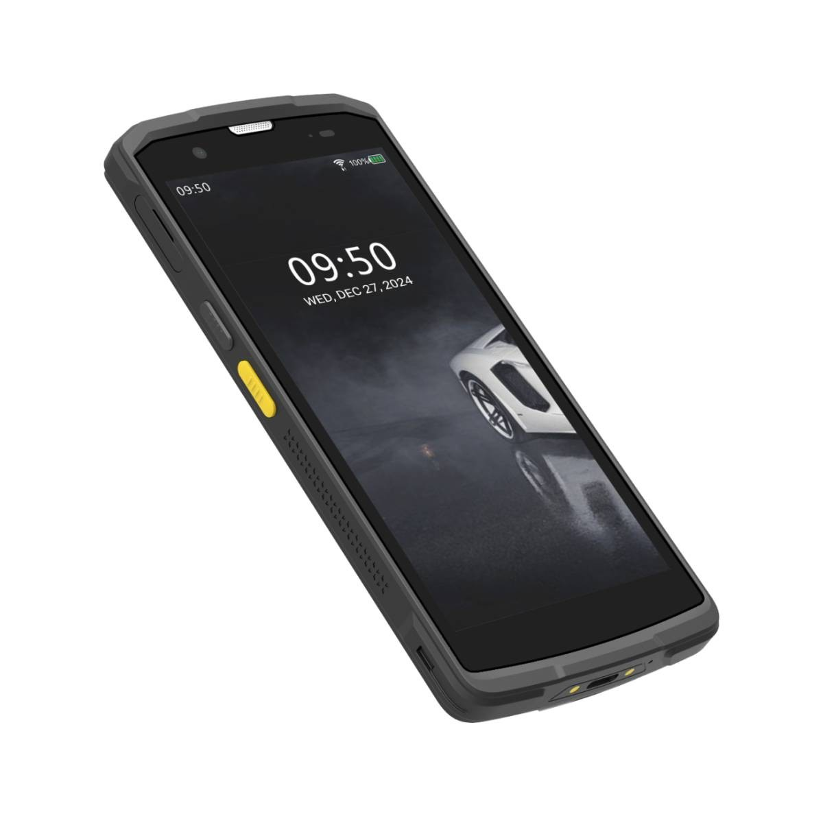 Uno smartphone robusto con custodia grigia e pulsante laterale giallo mostra un'auto sullo schermo.